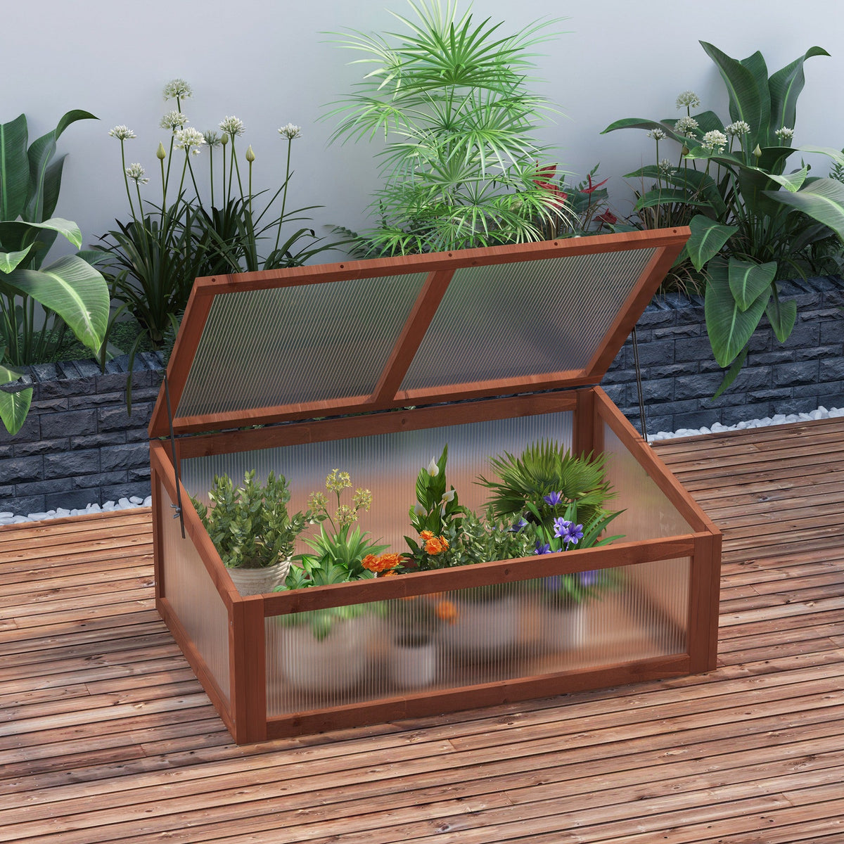 Wooden cold frame greenhouse with polycarbonate panels