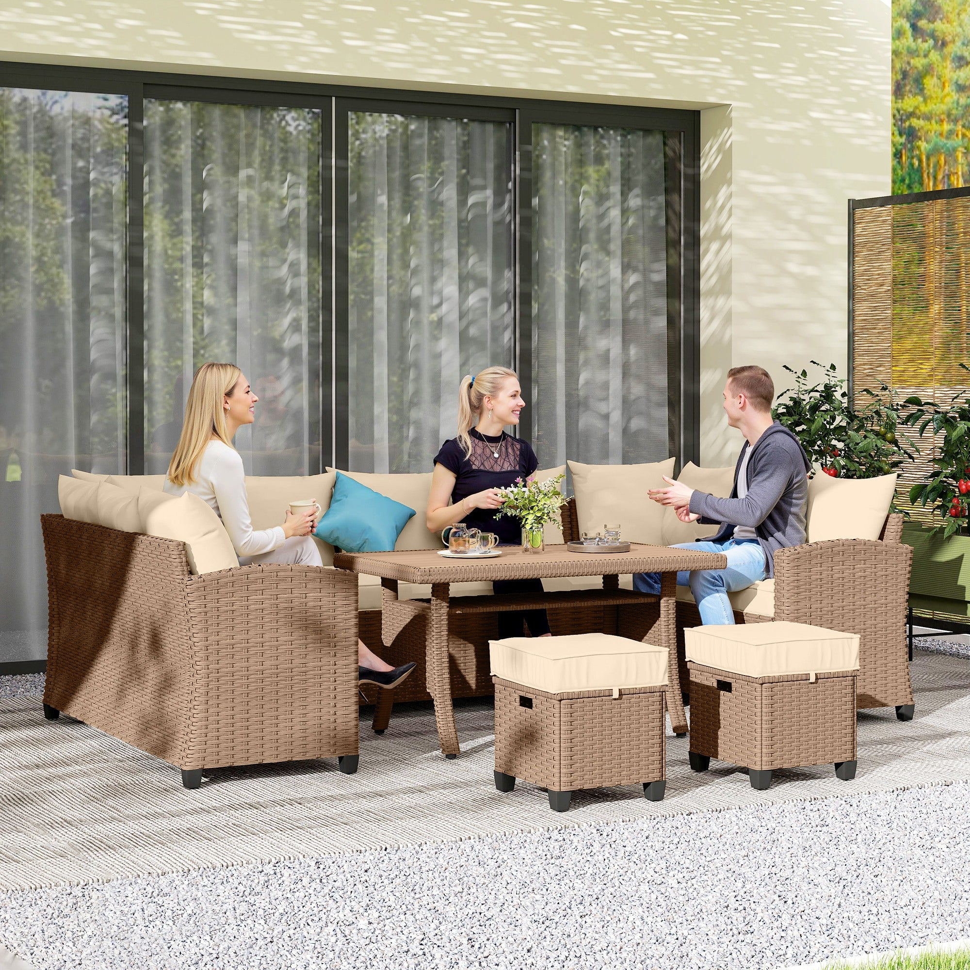 Six piece wicker outdoor conversation set with sofas and ottomans