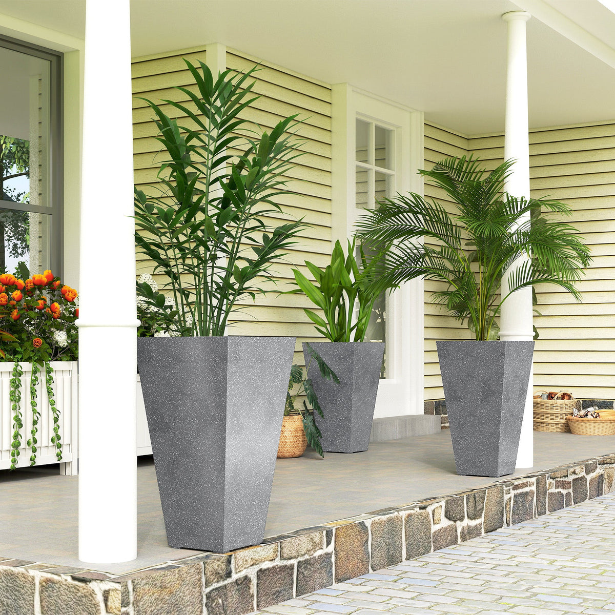 Set of three tall marble finish planters