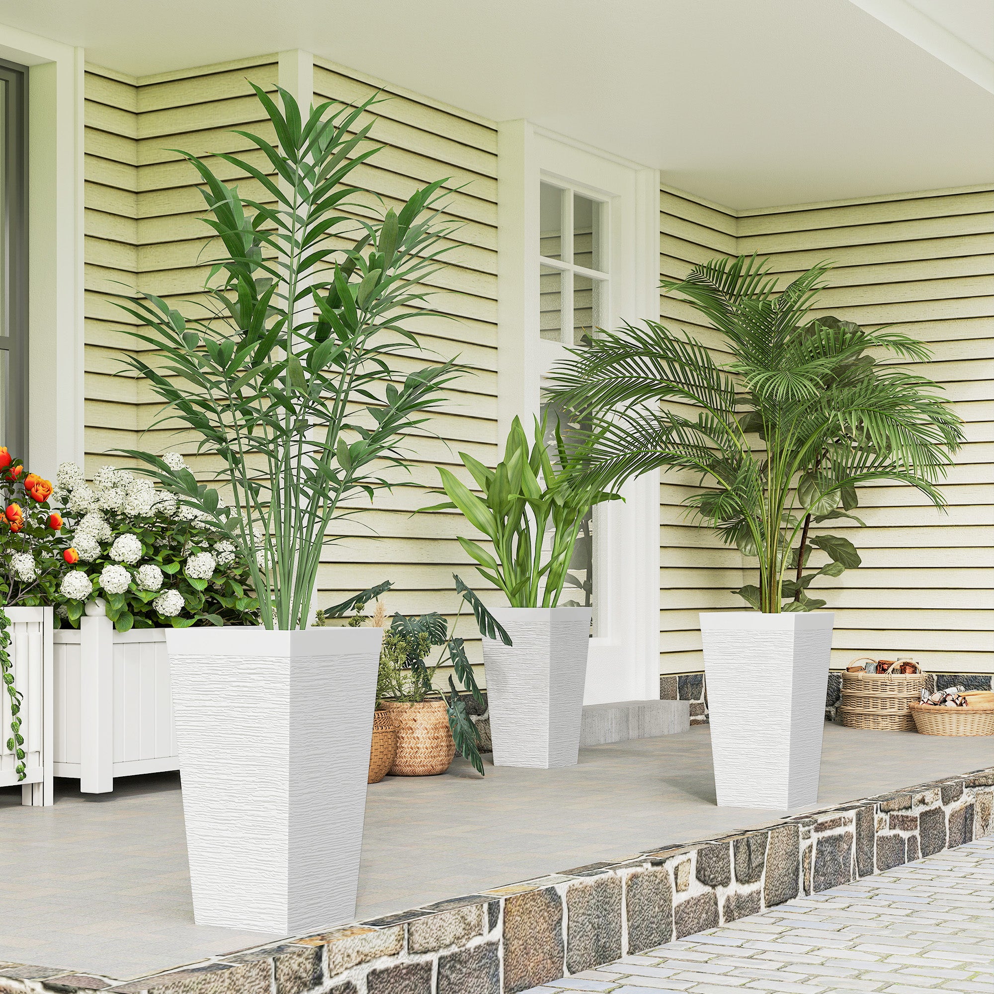 22.8 Inch Set of 3 Outdoor Planters with Stone Finish and Wheels, Stackable Tapered Planters with Drainage Hole