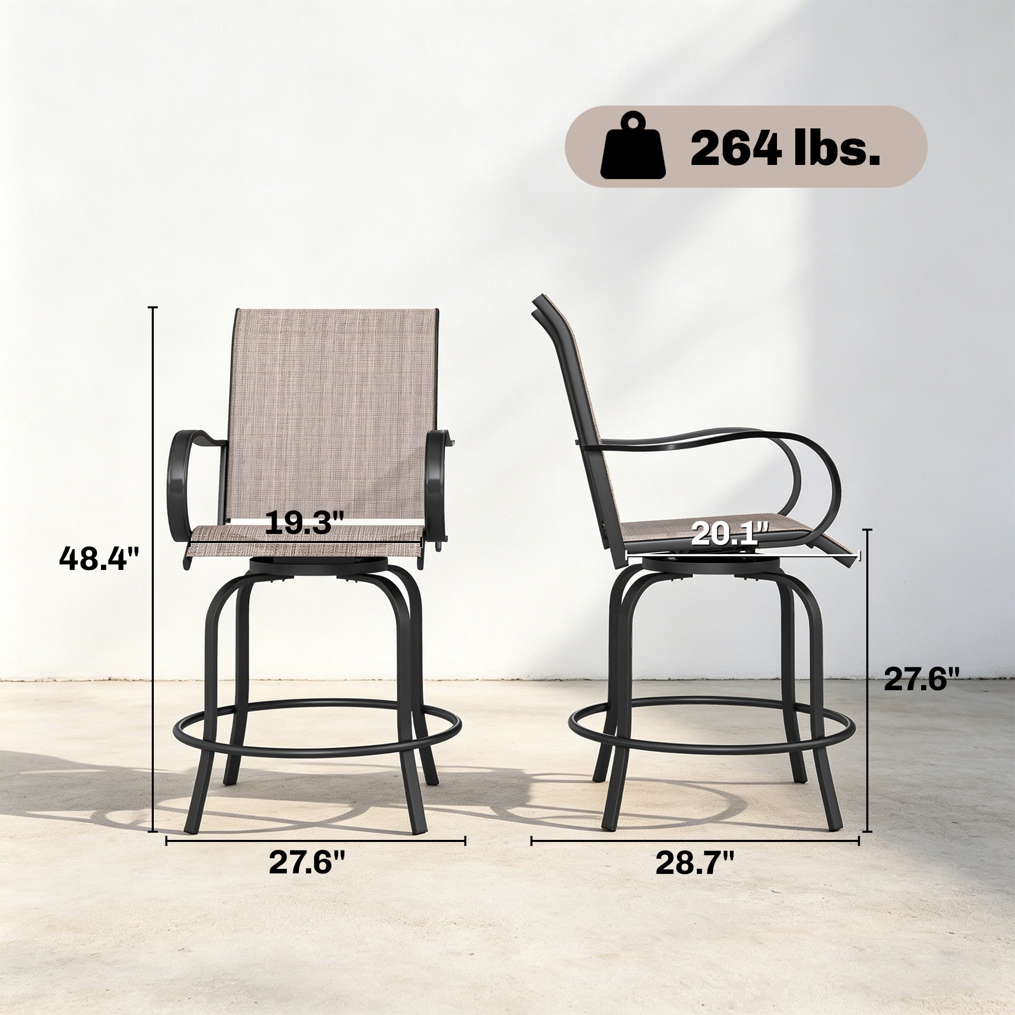 Outdoor Bar Stools Set of 2, 360° Swivel Bar Height Chairs, 26.75" x 29.5" x 48.5"
