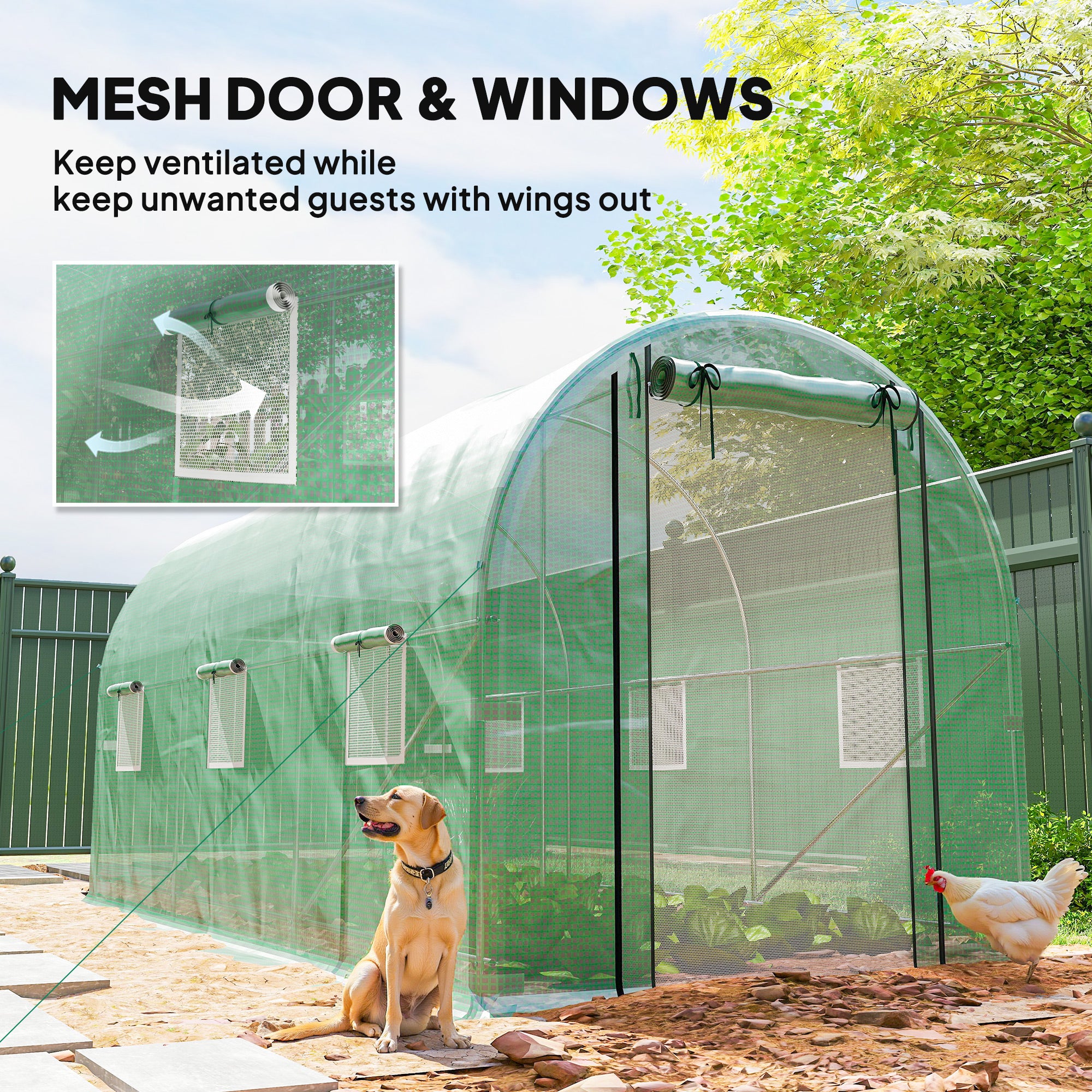 Hoop House Greenhouse, Walk-in Tunnel Greenhouse with 2 Support Rods, Zippered Roll-up Mesh Door, 14.6'x6.5'x6.6'