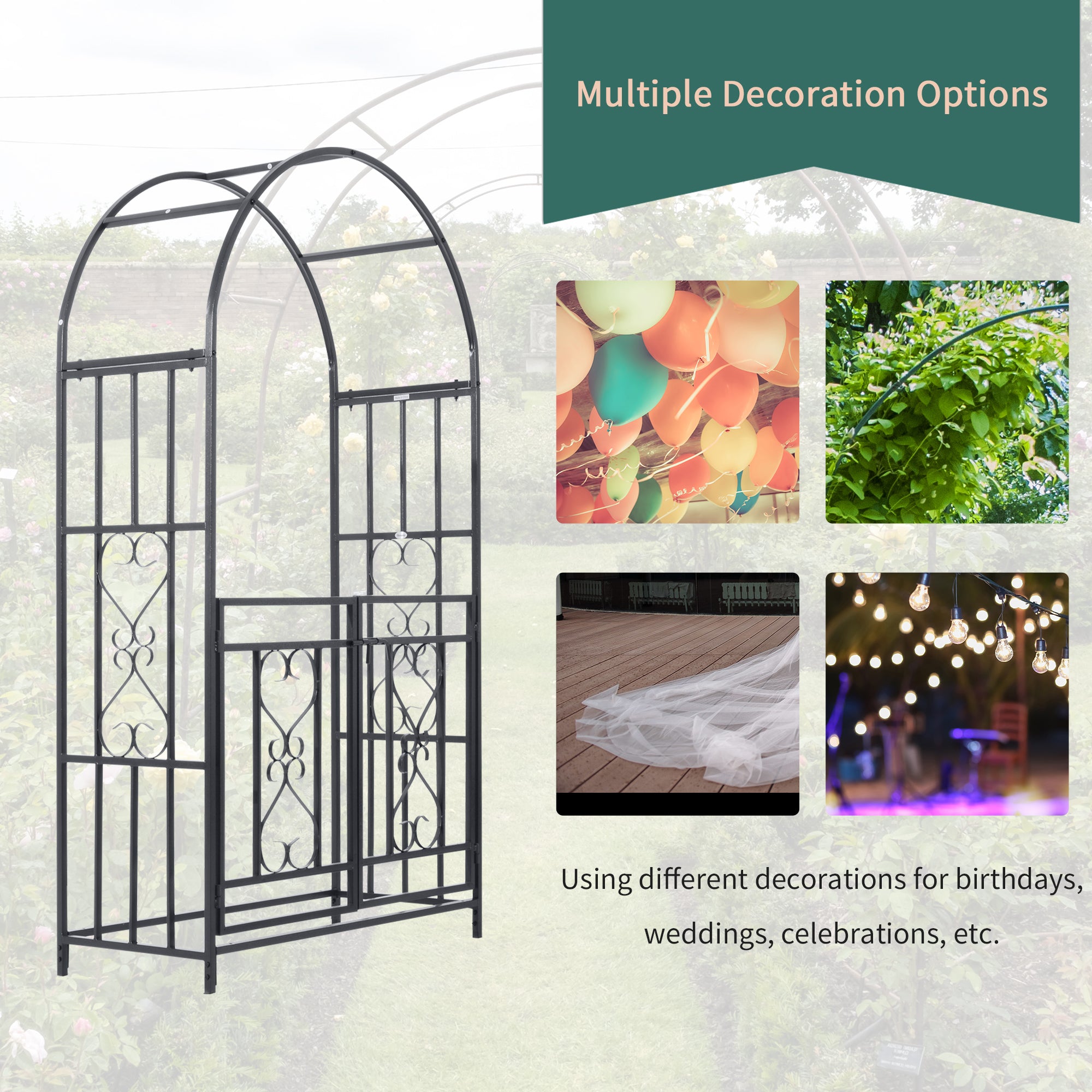 81" Metal Garden Arbor with Double Doors, Locking Gate, Climbing Vine Frame with Heart Motifs, Arch for Wedding, Bridal Party Decoration, Grey