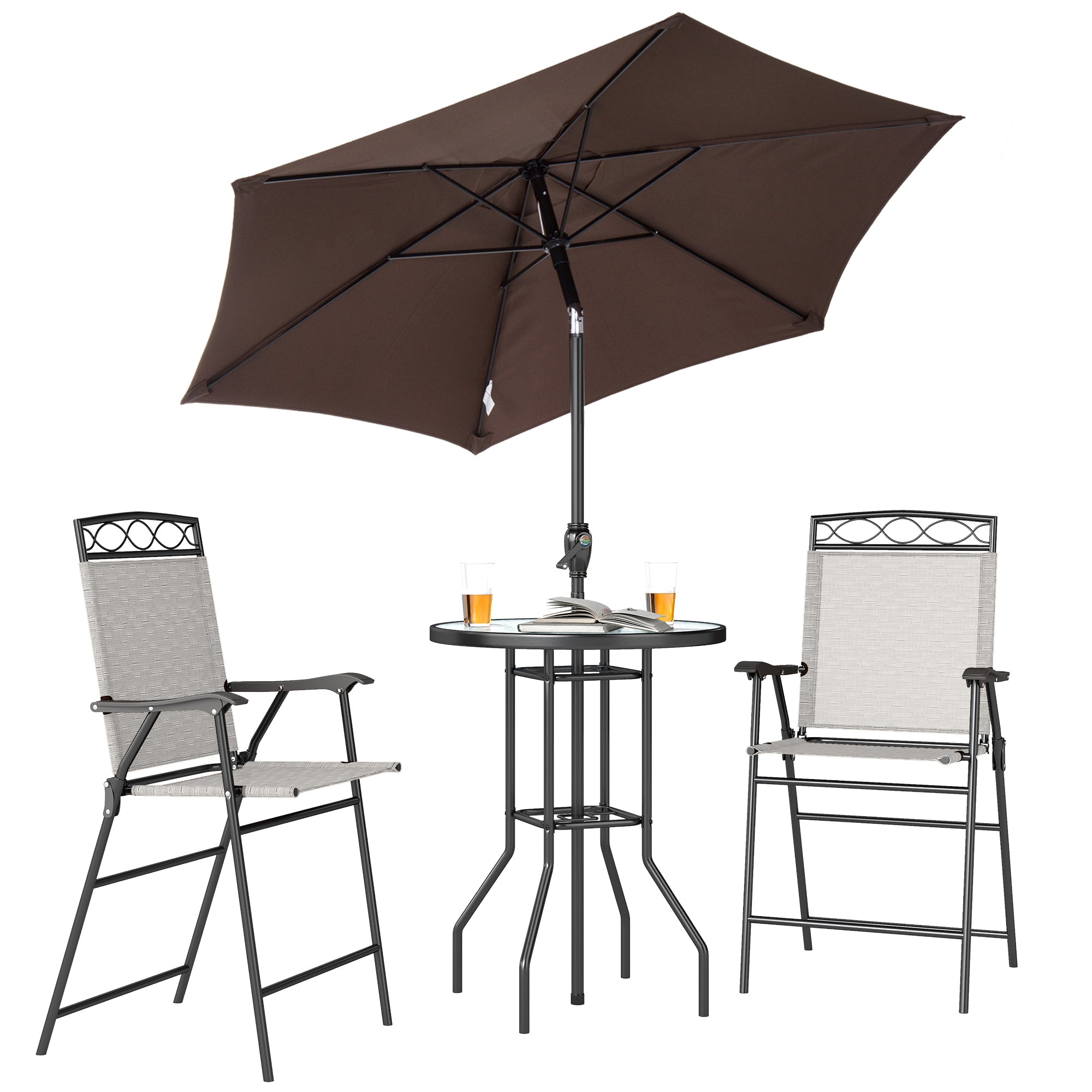 4 Piece Outdoor Bar Set with Umbrella, Patio Dining Set with 2 Folding Chairs, Wave Textured Tempered Glass Table for Backyard, Garden, Deck, Poolside