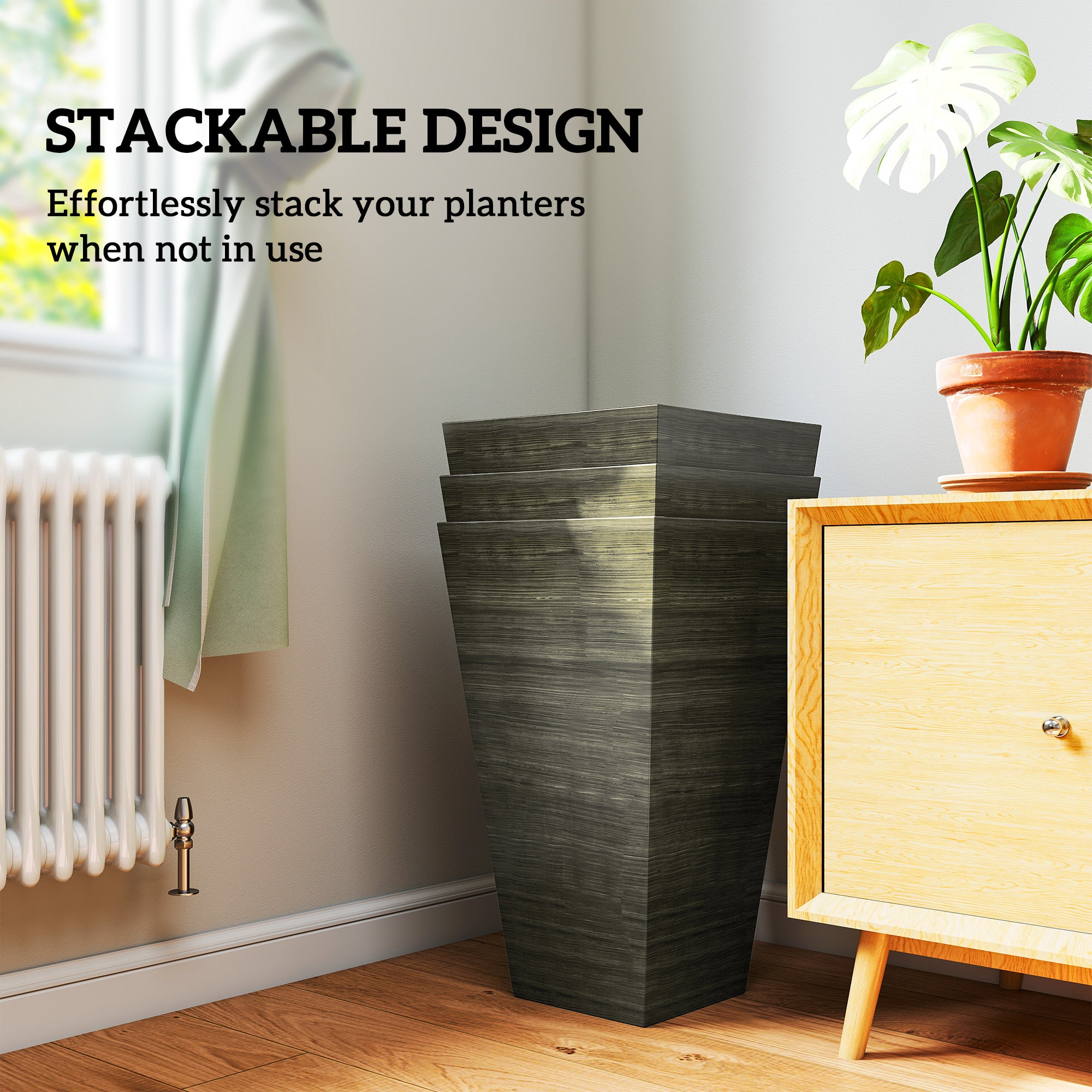 Set of 3 Tall Planters, 28" Outdoor Planter w/ Drainage Holes, Faux Wood Plastic Flower Pots