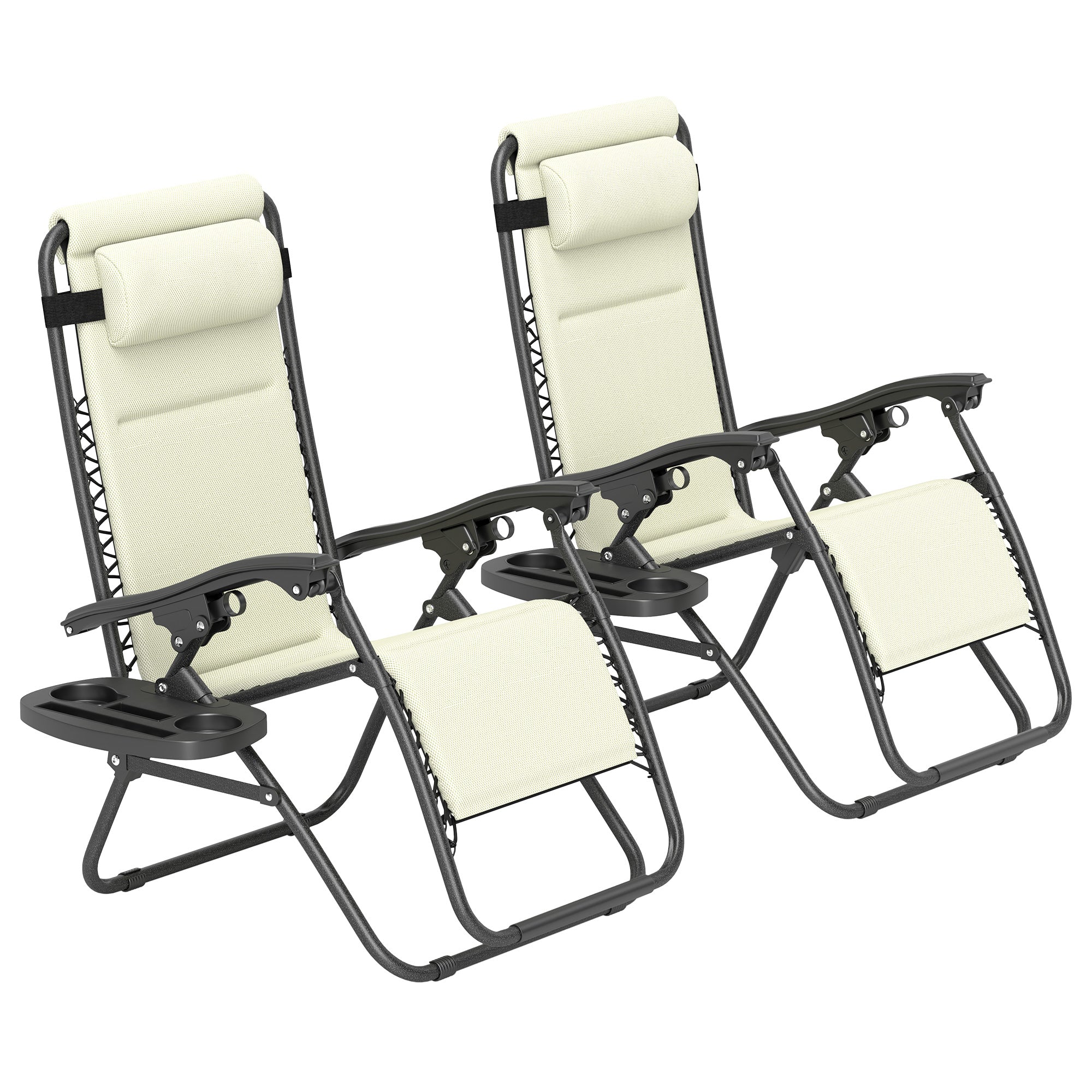 Zero Gravity Lounge Chair Set, 2 Pieces Reclining Folding Outdoor Lounge Chairs with Headrest Side Tray