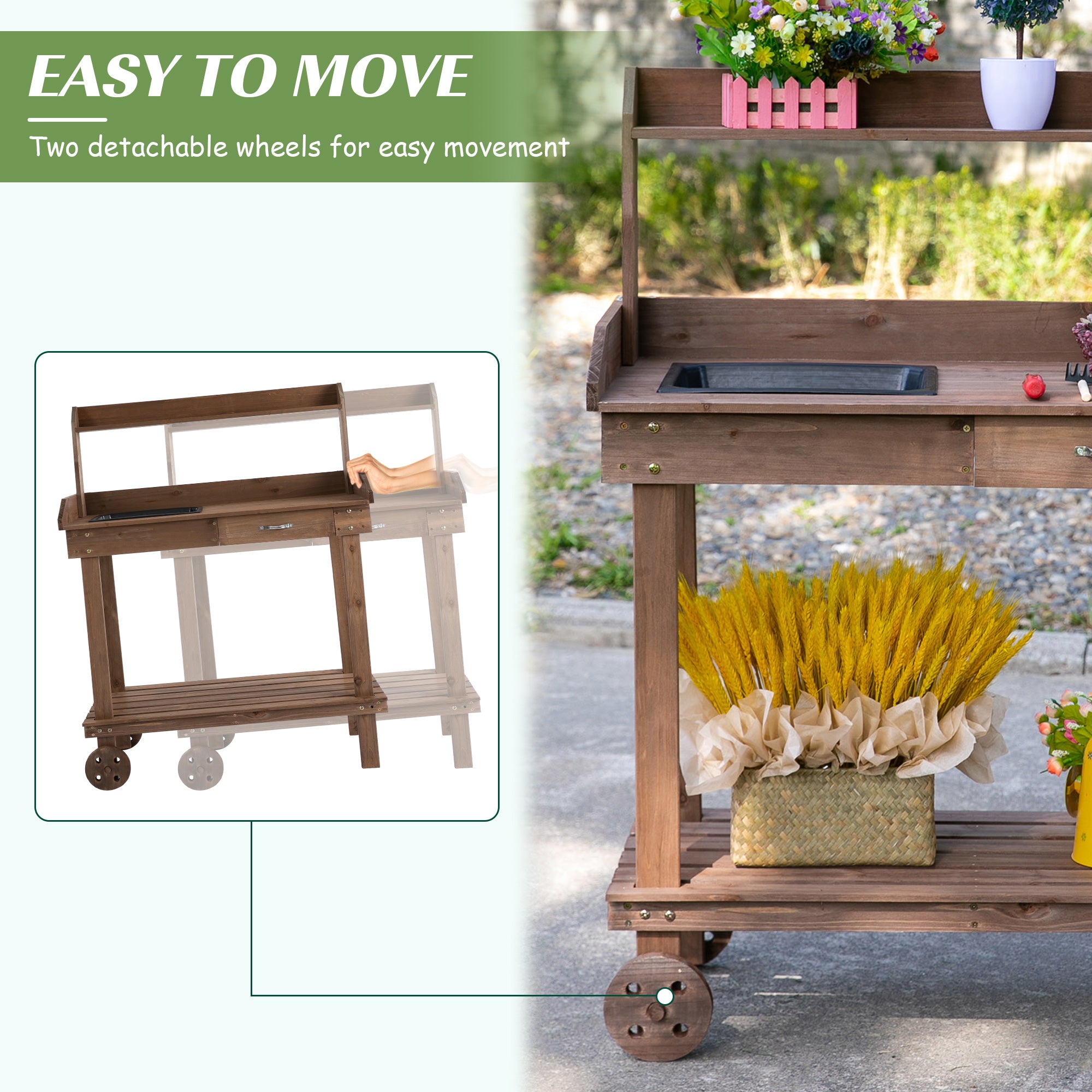 36'' Wooden Potting Bench Work Table with 2 Removable Wheels, Sink, Drawer & Large Storage Spaces