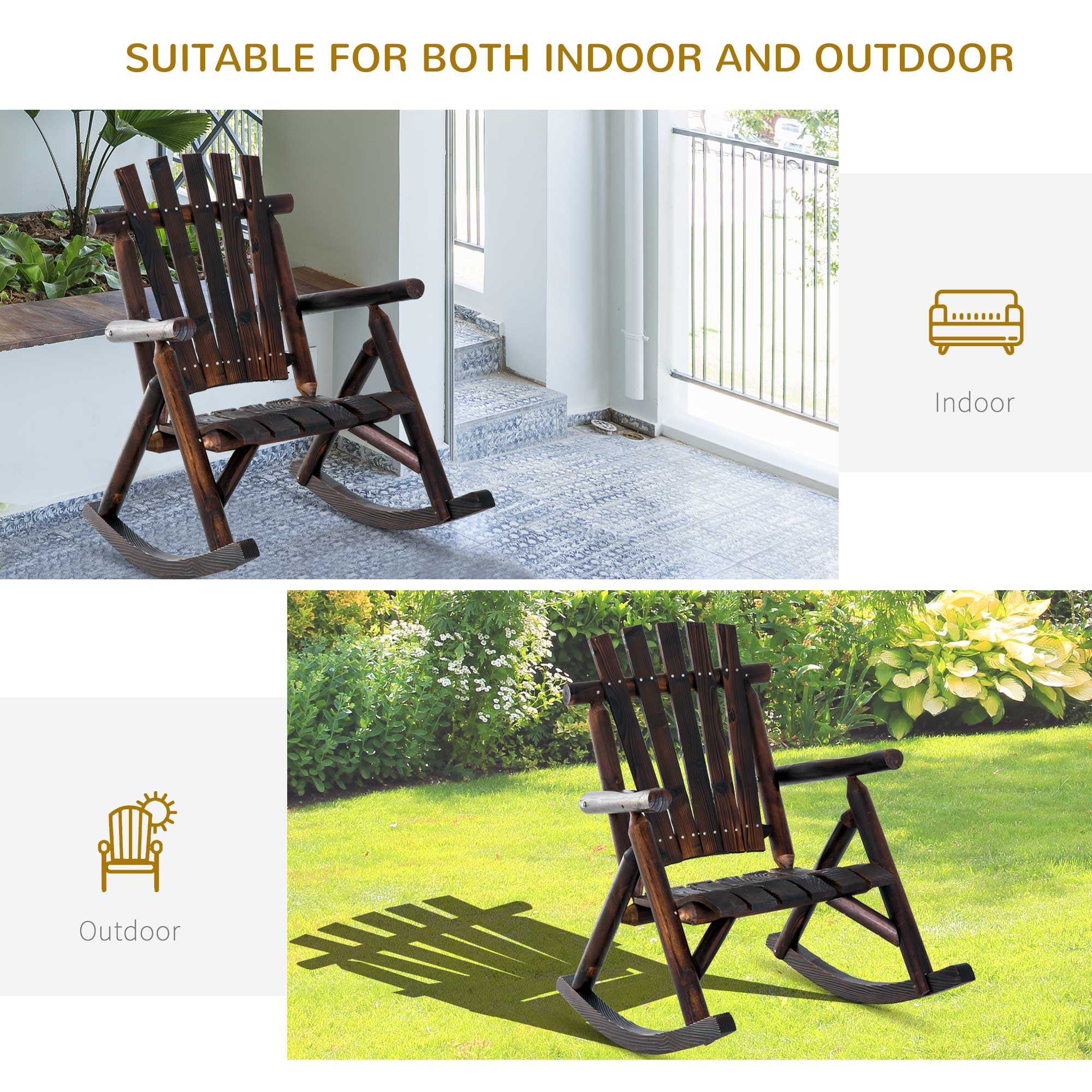 Outdoor Wooden Rocking Chair, Single-Person Rustic Adirondack Rocker with Slatted Seat, High Backrest, Armrests for Patio, Garden and Porch