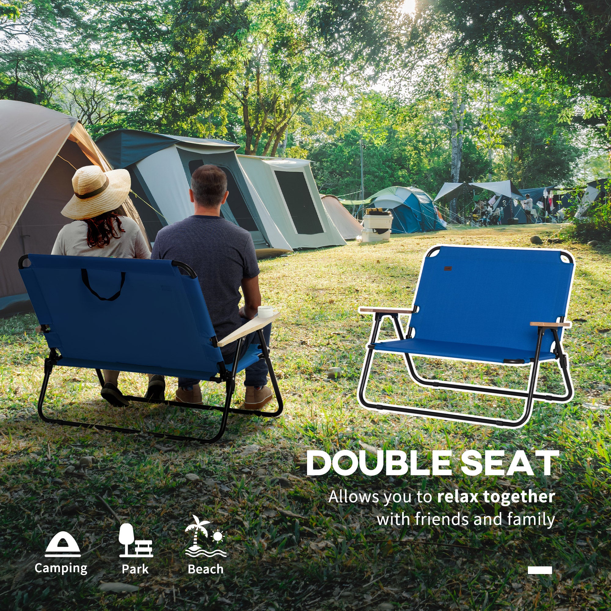 Double Folding Camping Chair, Loveseat for 2 Adults, Portable Camping Couch with Wood Armrest & Cupholders, for Backpacking, Beach, Sports Travel