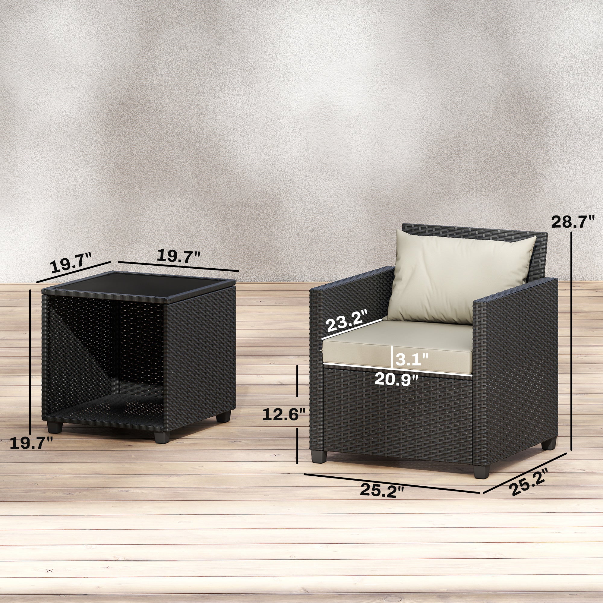 3 Piece Patio Bistro Set, Wicker Furniture Set with Thick Cushions, Glass Coffee Table and Chairs for Garden
