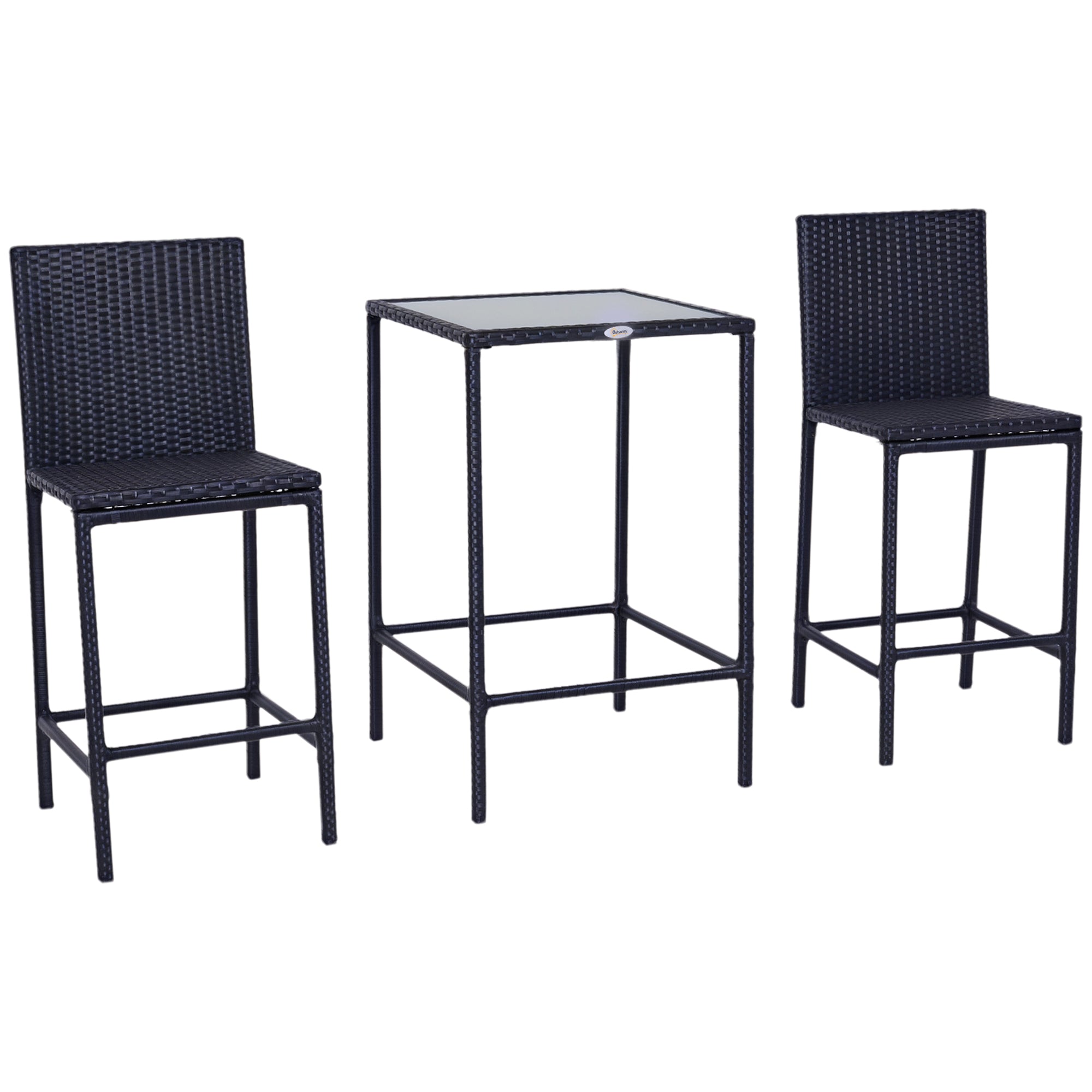 3 PCS Rattan Bar Set with Glass Top Table, 2 Bar Stools for Outdoor, Patio, Garden, Poolside, Backyard