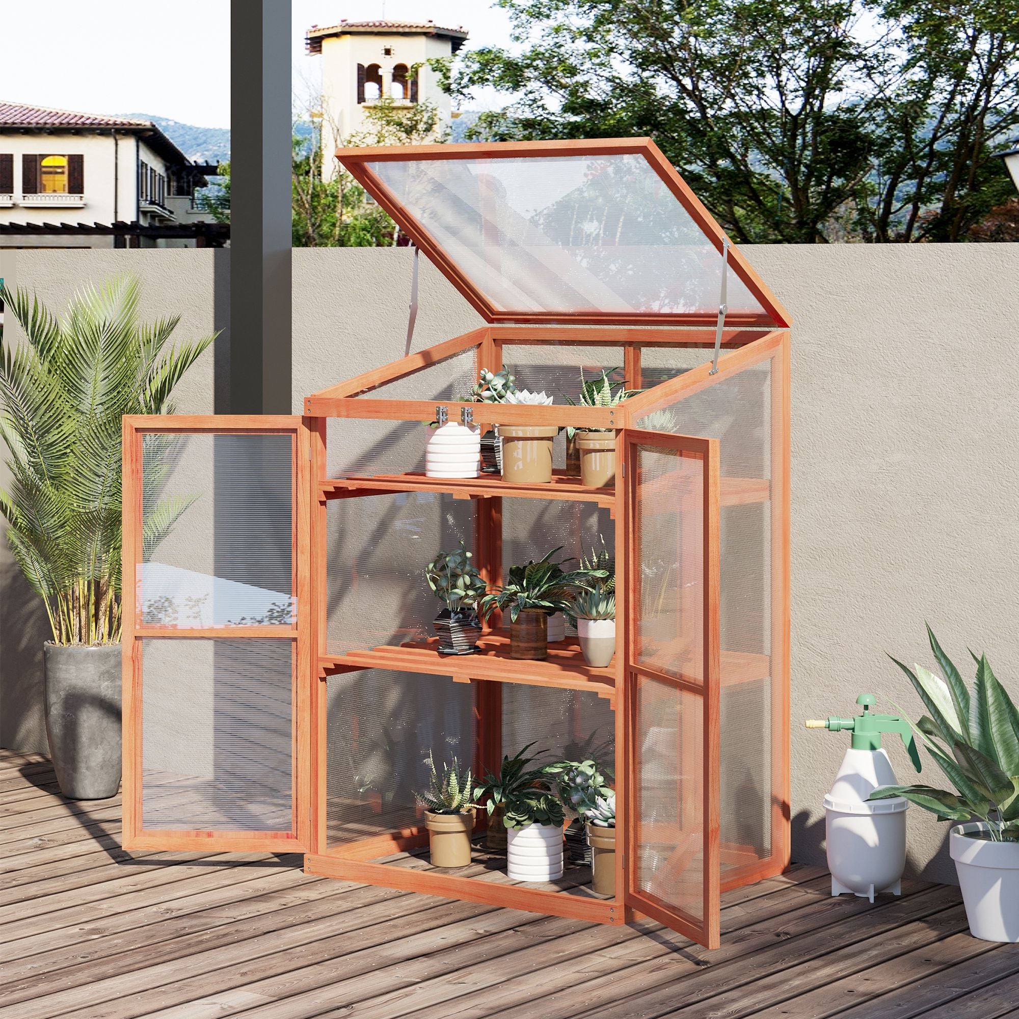 Wooden Cold Frame Greenhouse Small Mini Planter Box, 30" L x 24" W x 44" H