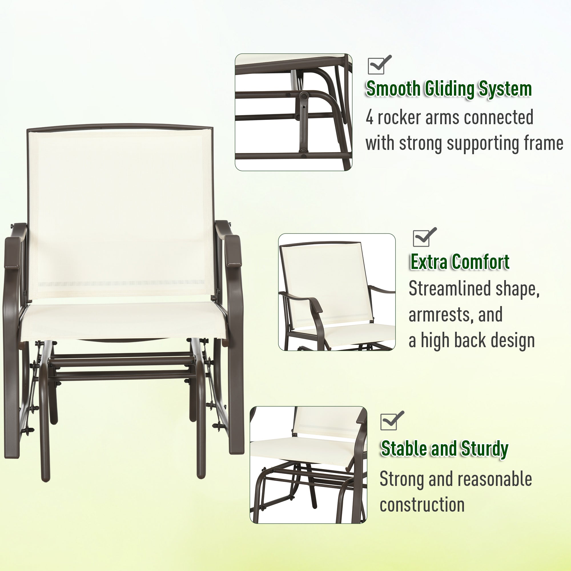 3 Piece Outdoor Glider Chair with Coffee Table Bistro Set, 2 Patio Rocking Swing Chairs with Breathable Sling Fabric, Glass Tabletop, for Backyard, Garden and Porch