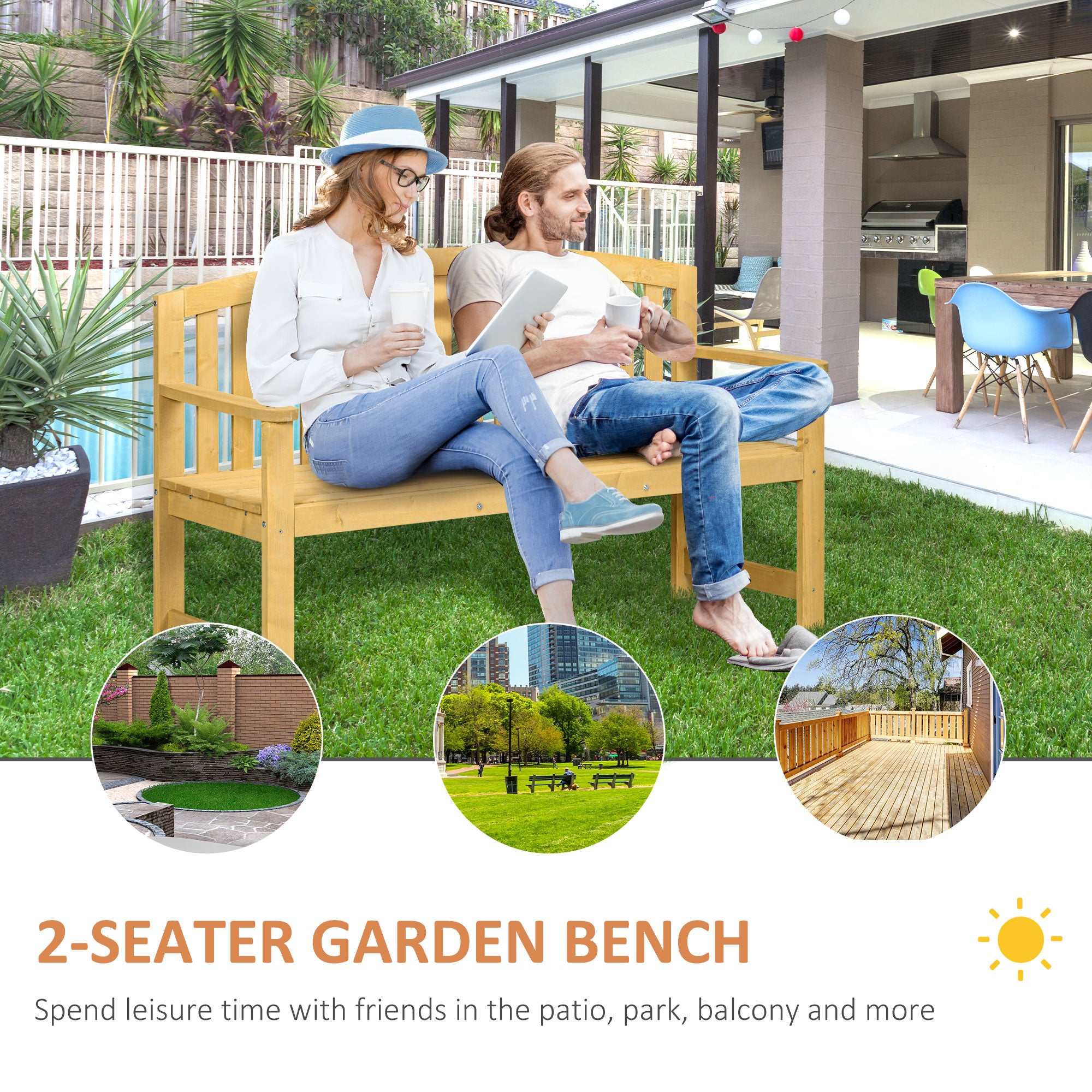 56" Outdoor Wood Bench, 2-Seater Garden Bench with Backrest and Armrest, Patio Bench for Patio, Porch, Poolside, Balcony
