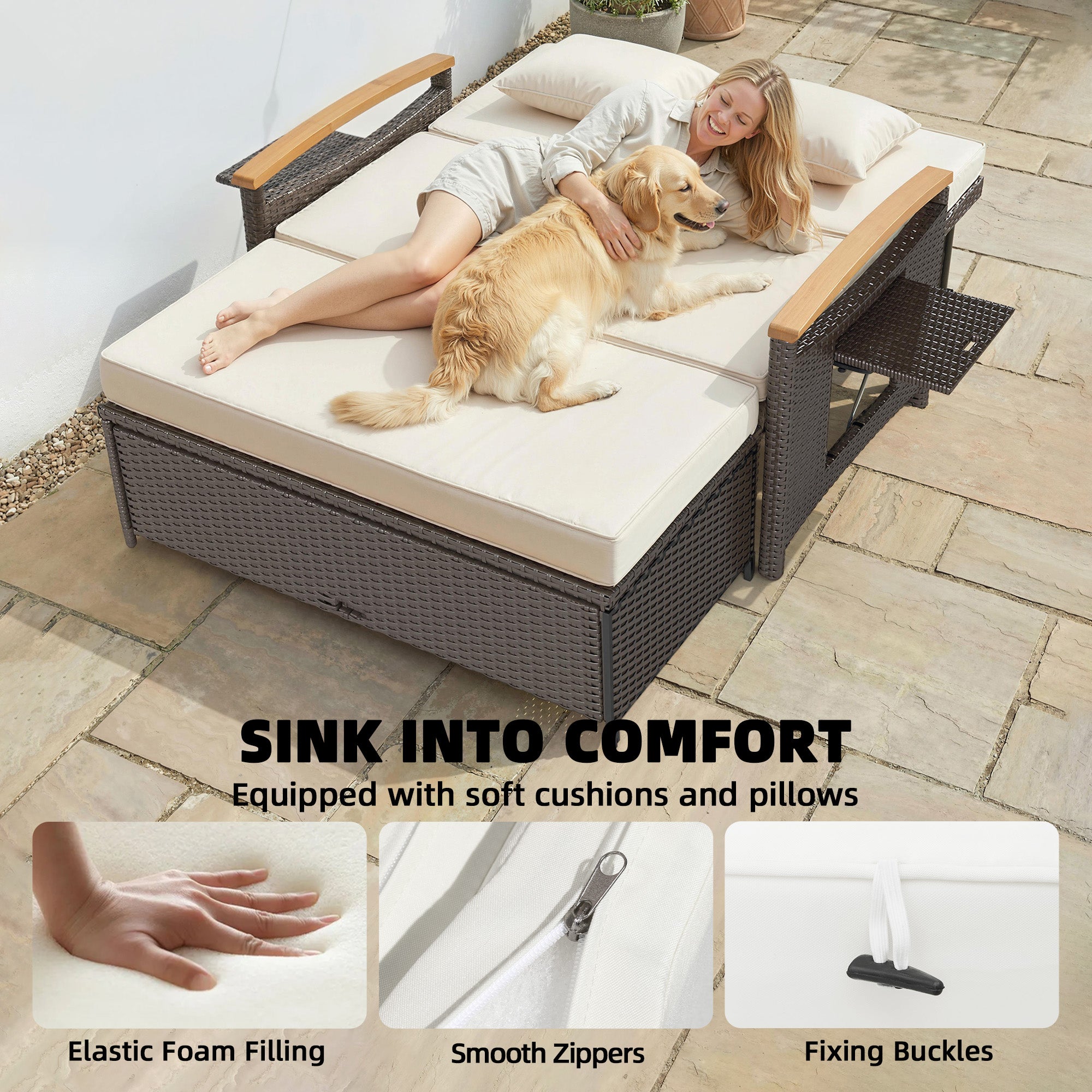 Rattan Outdoor Daybed w/4-Level Adjustable Backrest, Patio Sofa Bed w/Storage Ottoman, Acacia Wood Armrest