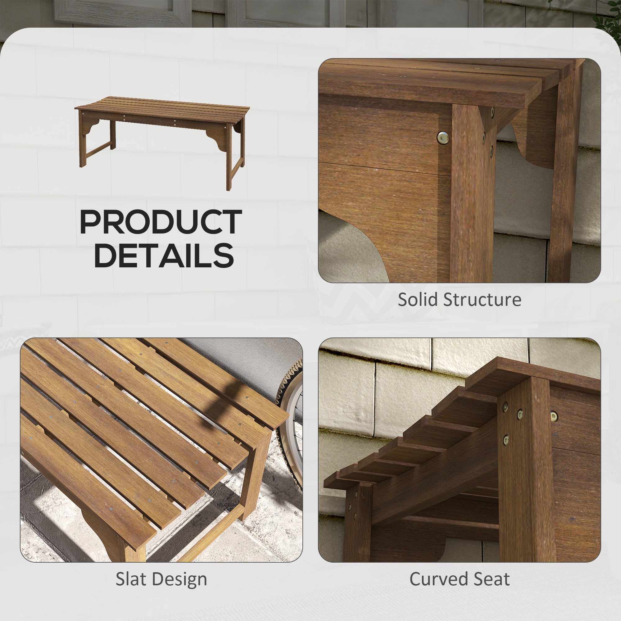 Slatted Wooden Garden Bench, Curved Seat Front Porch Bench
