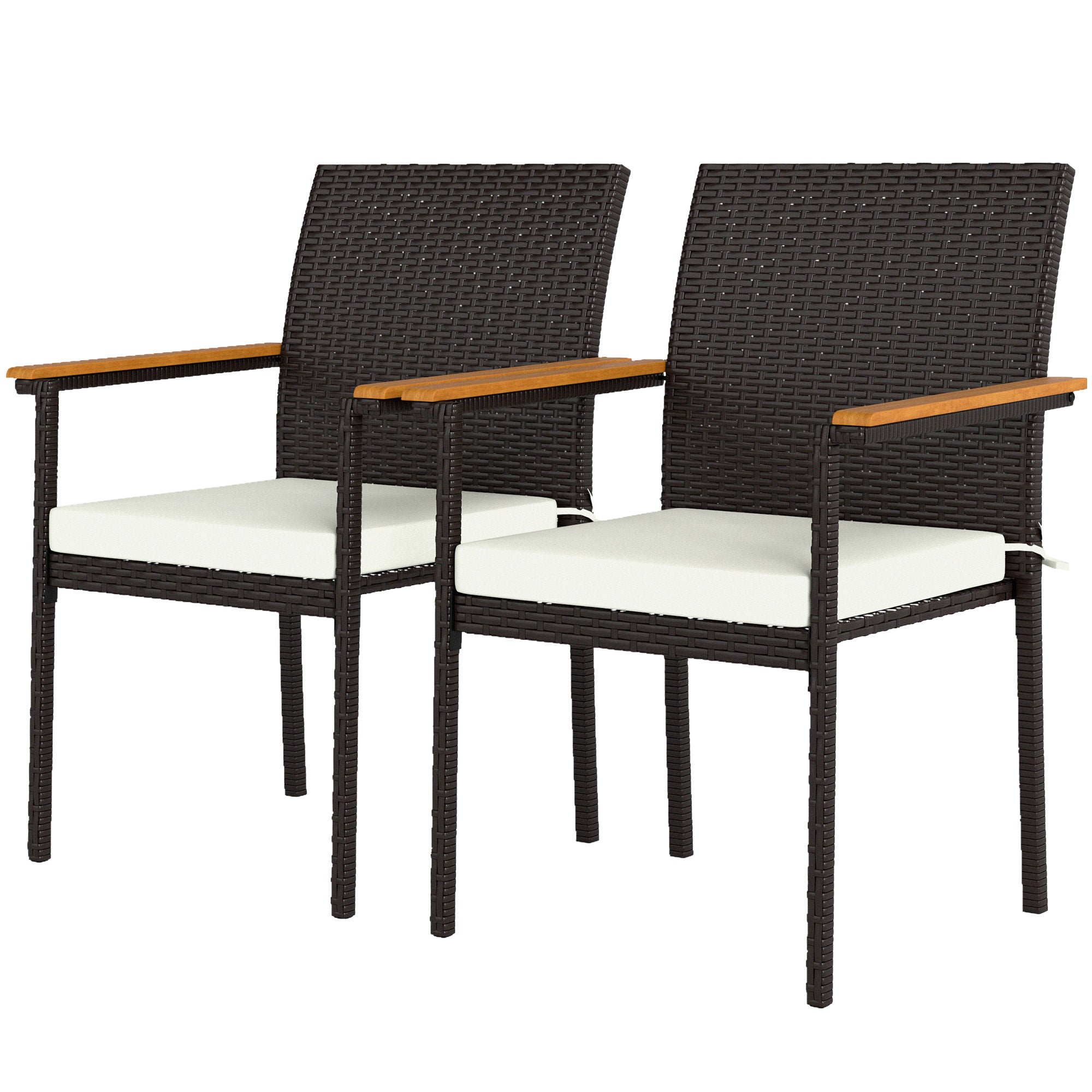 Stackable Patio Wicker Dining Chair Set of 2 with Cushions, Backrest, Armrests for Deck, Garden