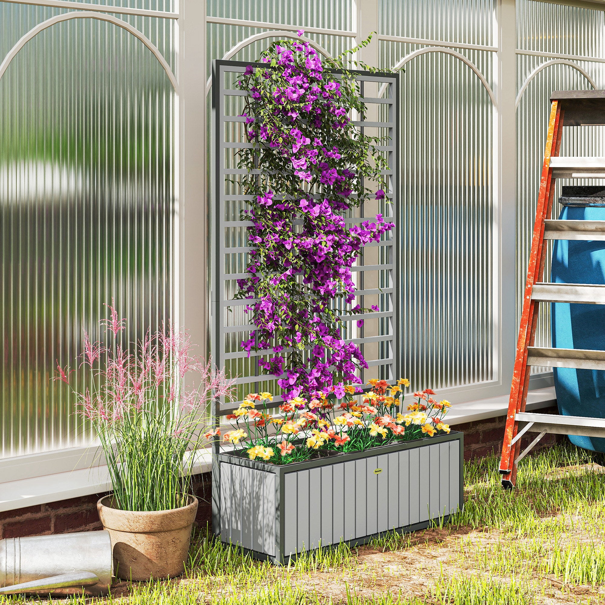 Wooden Raised Garden Bed with Trellis, Removable Pots for Backyard, Patio, Balcony, 29" x 11" x 52"