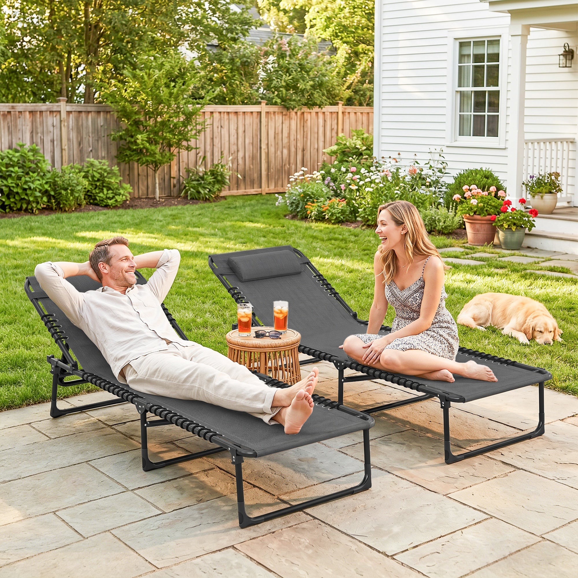 2 Folding Chaise Lounge Pool Chairs with 4-Position Reclining Back, Pillow, Breathable Mesh & Bungee Seat