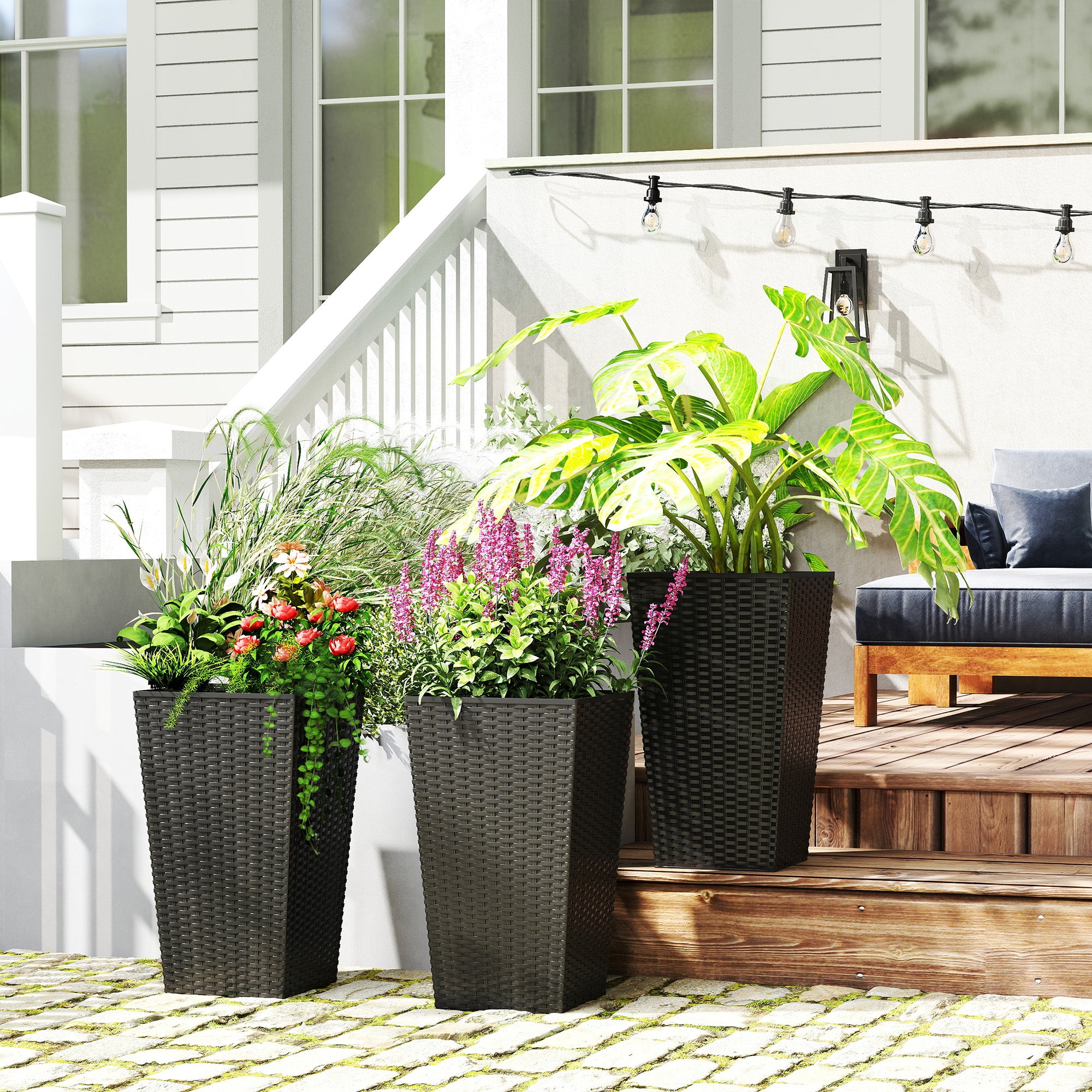 Set of 3 Tall Planters with Drainage Hole, 24" Outdoor Flower Plant Pots, Indoor Planters for Porch, Front Door, Entryway, Patio and Deck