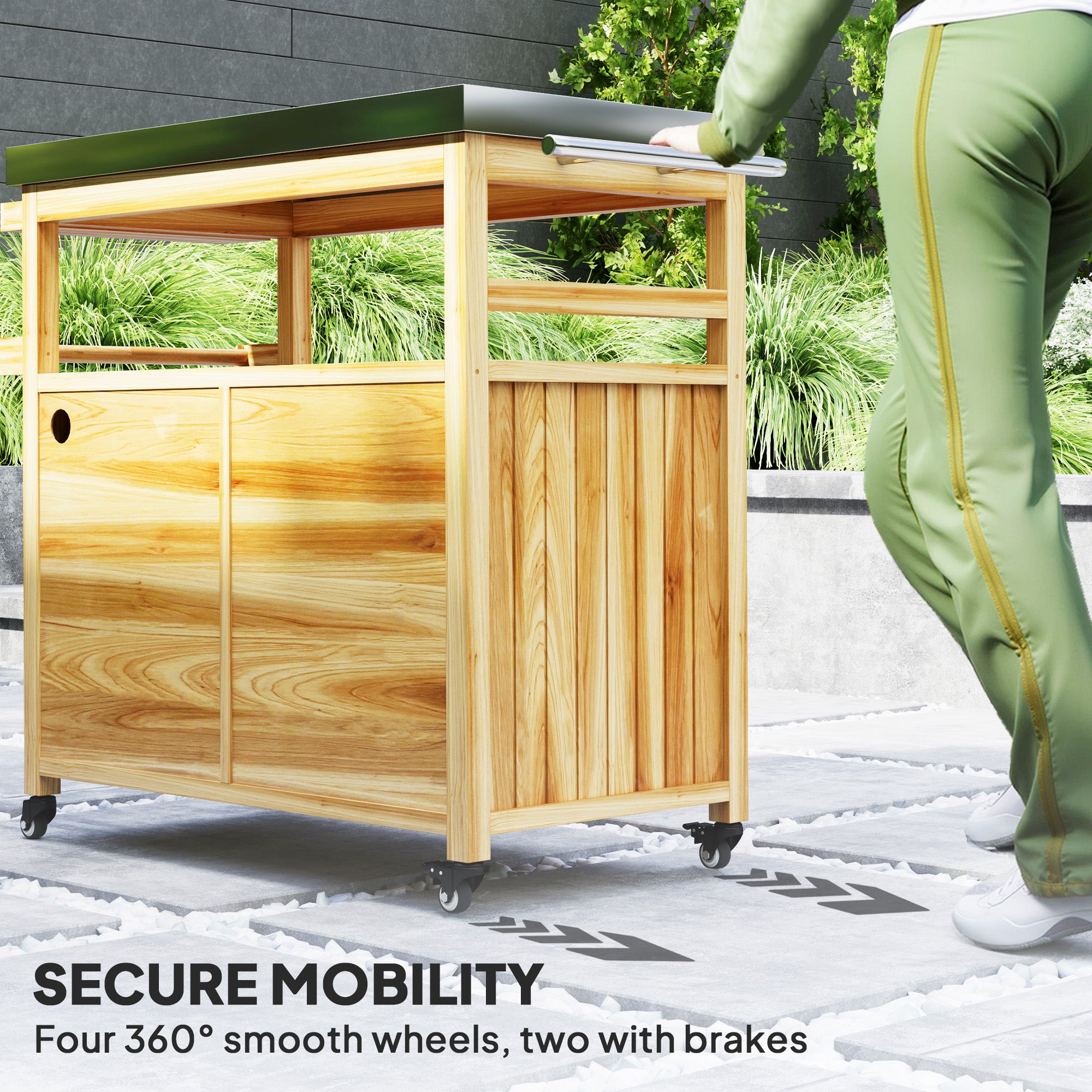 Outdoor Grill Cart w/ Stainless Steel Top, Solid Wood Outdoor Kitchen Island w/ Wheels, Storage Cabinets