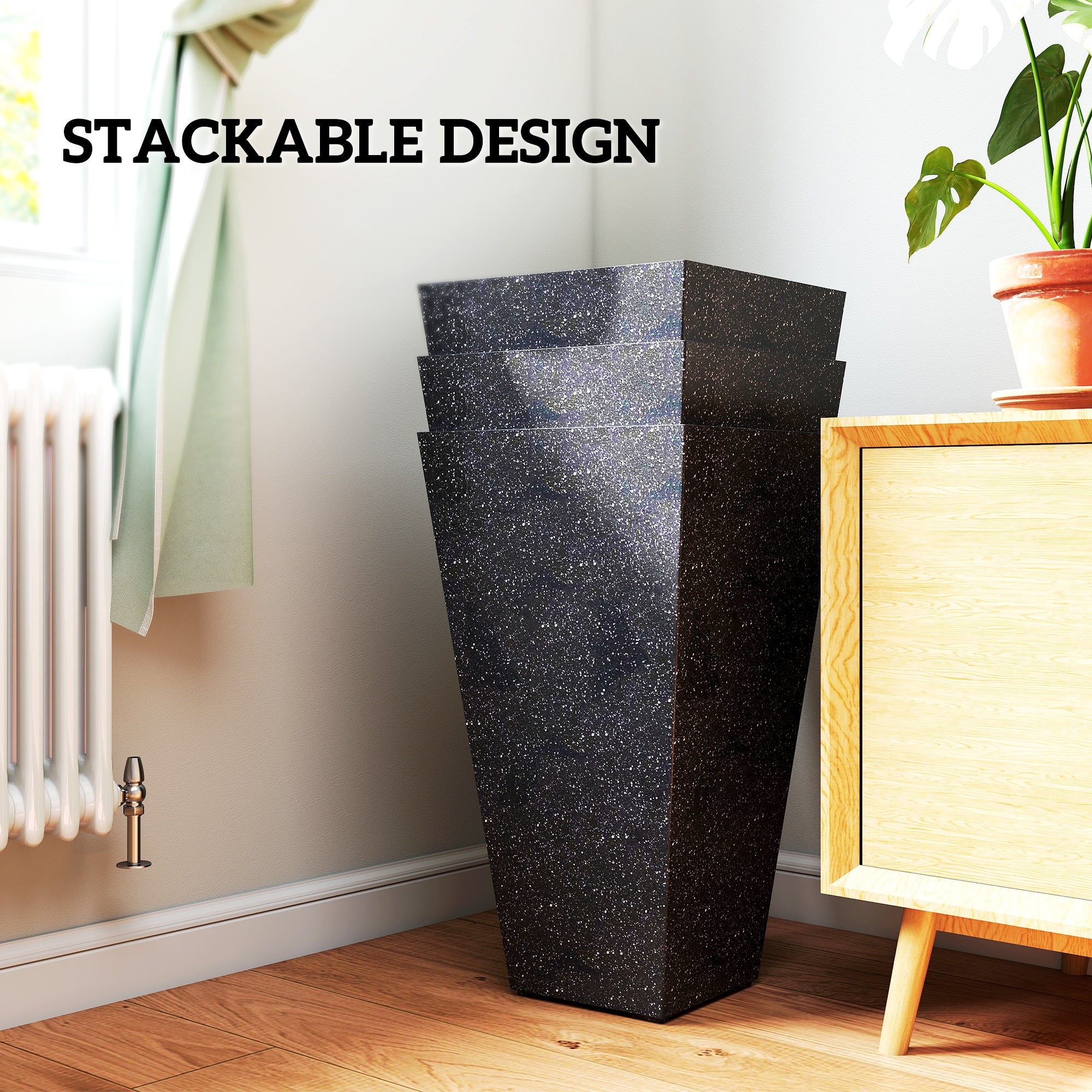 28" Tall Planters, Set of 3 Plastic Flower Pots with Marble Finish and Drainage Holes, Stackable Taper Planters