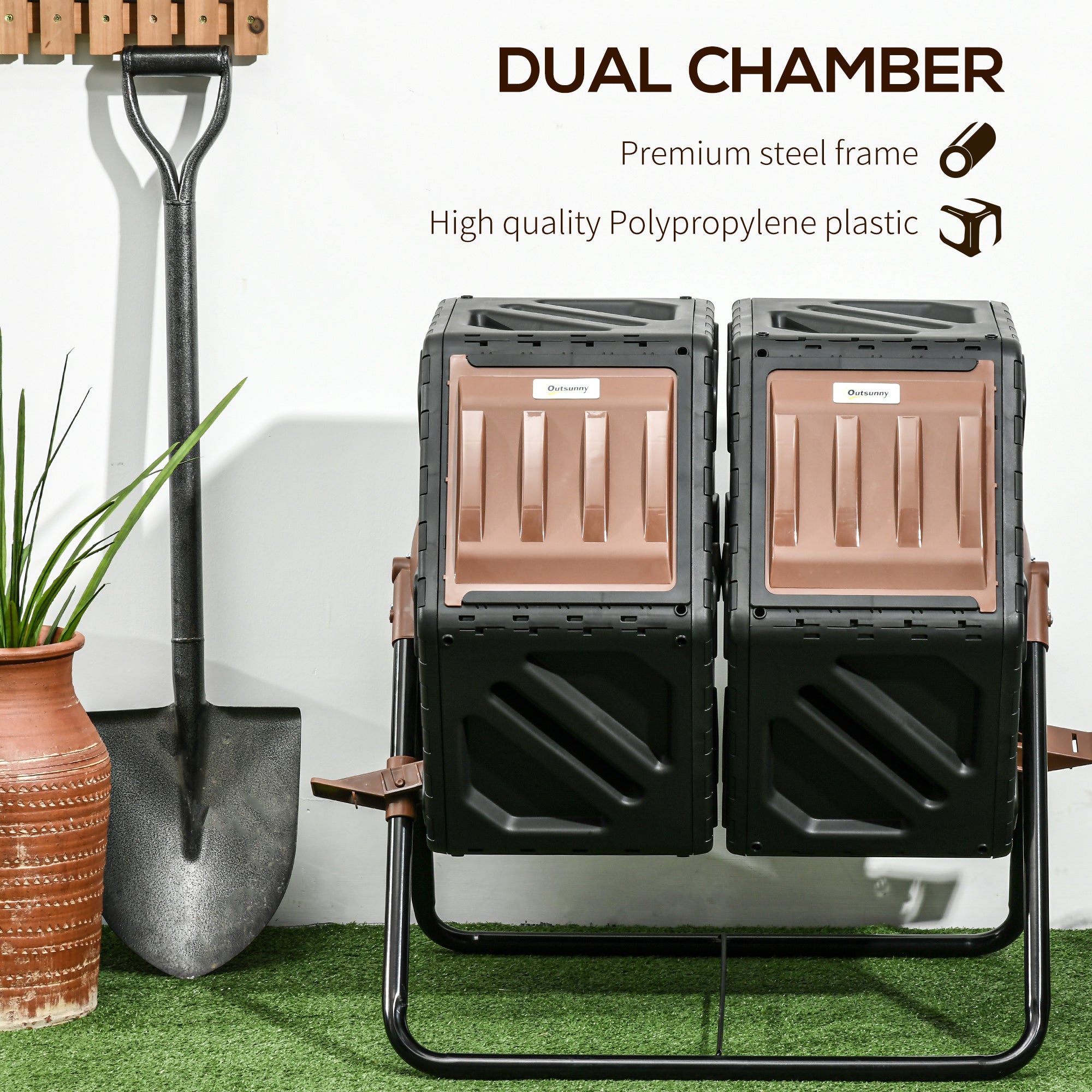 Dual Chamber Compost Tumbler Bin, Outdoor Tumbling Composter with 24 Ventilation Openings and Steel Legs, 34.5 Gallon