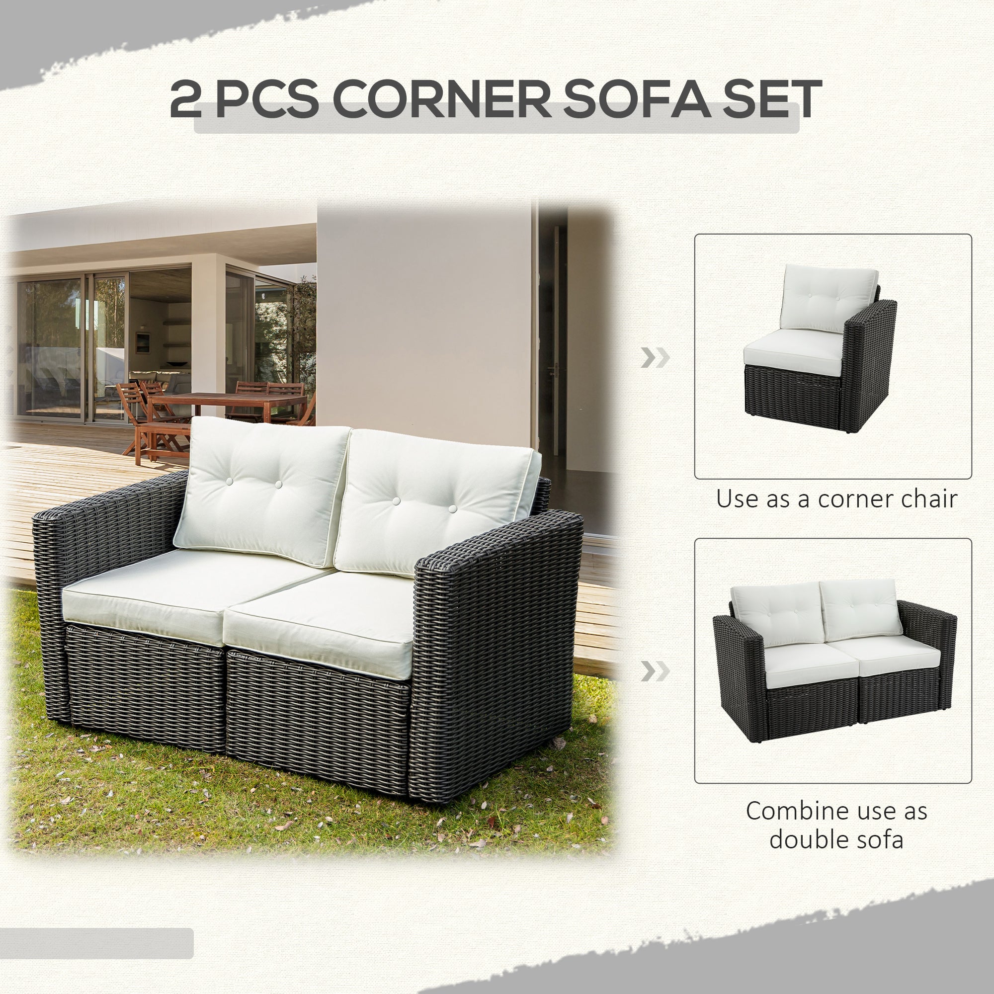 2 Piece Patio Wicker Corner Sofa Set, Outdoor PE Rattan Furniture, with Curved Armrests and Padded Cushions for Balcony, Garden, or Lawn