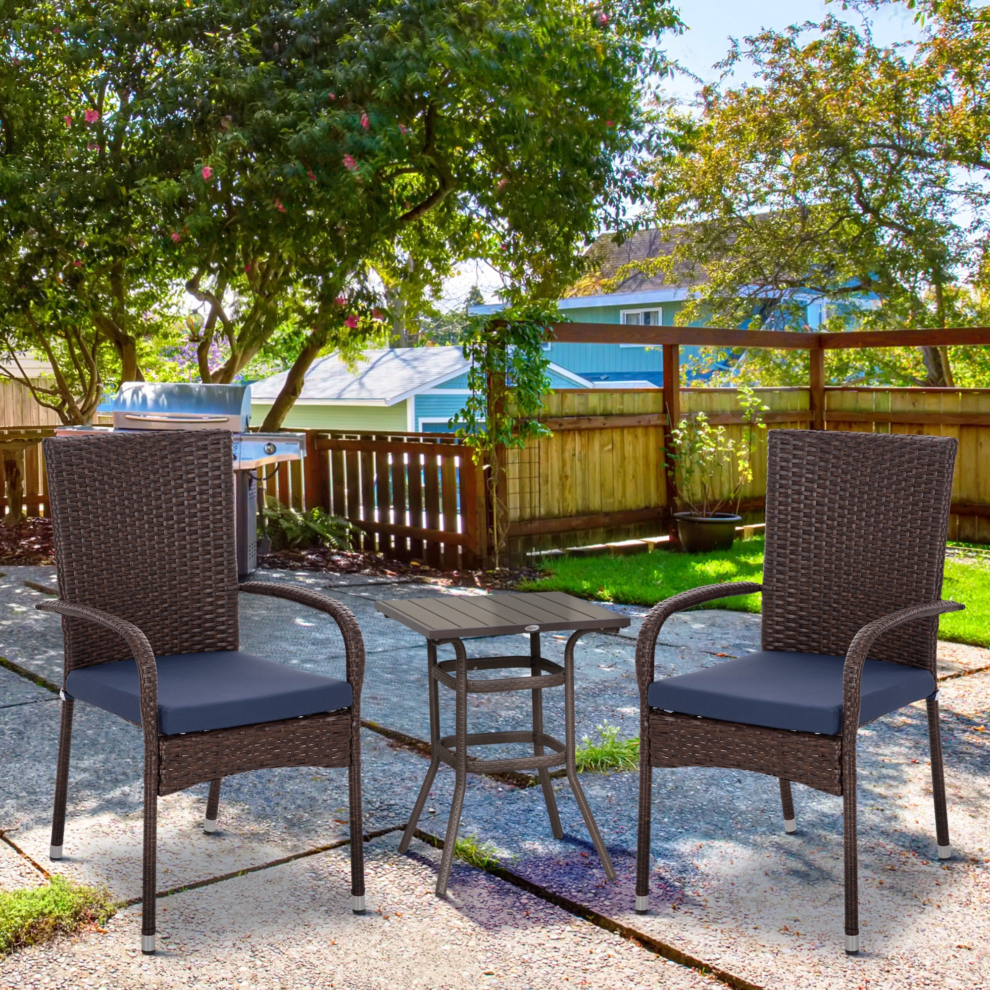 Stackable PE Rattan Outdoor Dining Chairs with Cushion, Patio Wicker Dining Chair with Armrests & Backrest