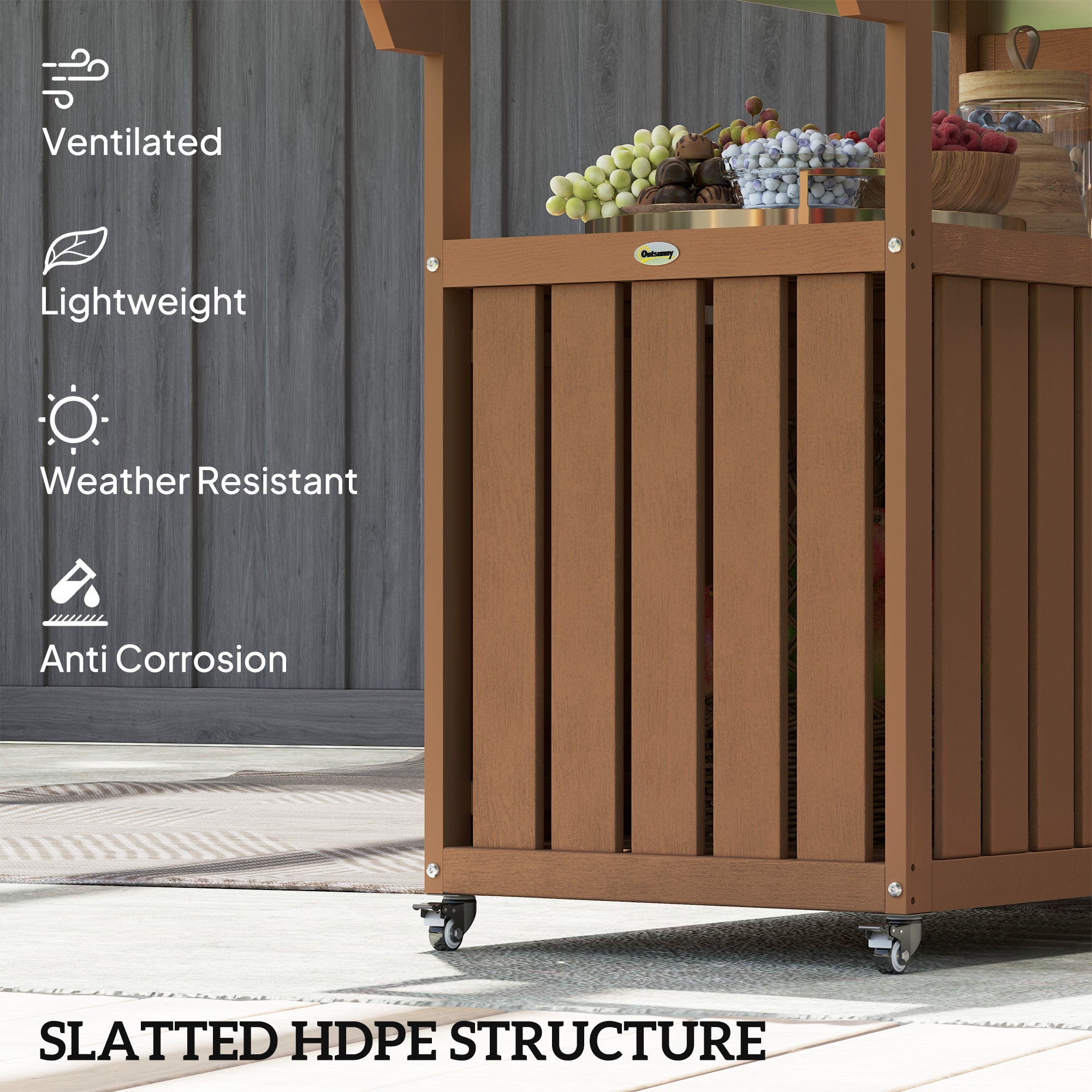 Outdoor Bar Cart with Storage, Stainless Steel Outdoor Bar Table Top, Wheeled HDPE Kitchen Island for Food Prep