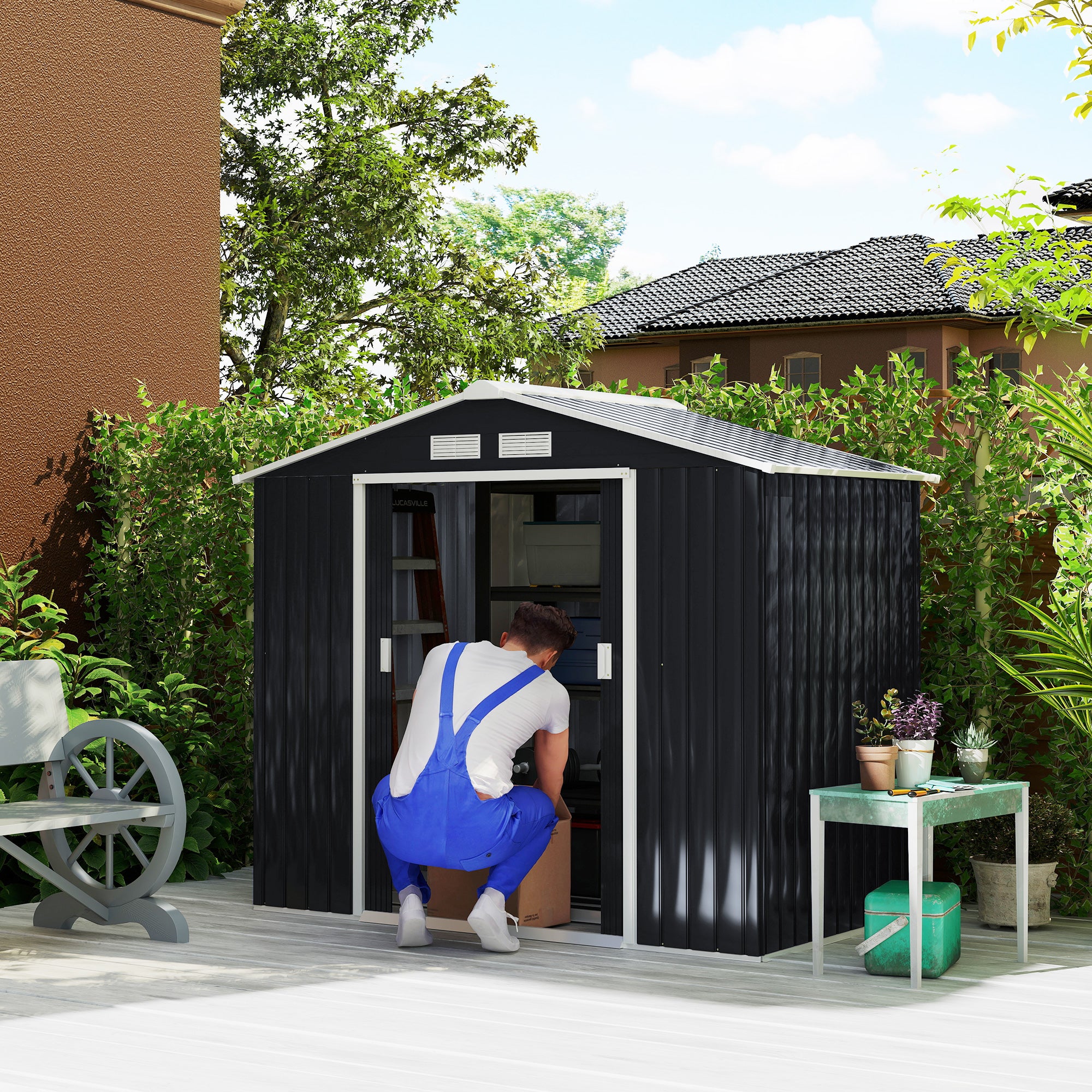 7' x 4' Outdoor Storage Shed, Garden Tool Metal Shed with Foundation Kit, Double Lockable Door, Air Vents and Sloping Roof, for Backyard, Patio, Lawn