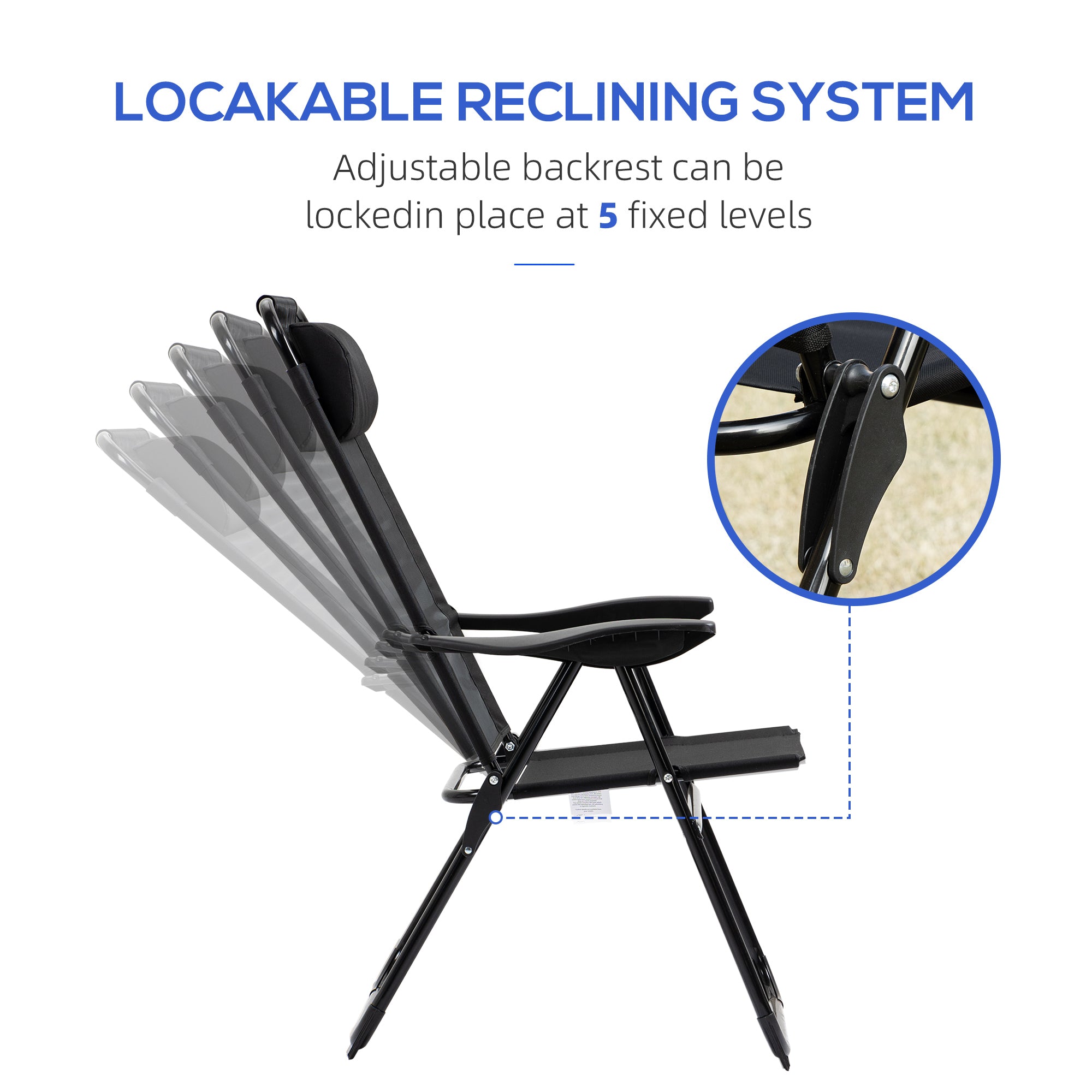 Folding Patio Dining Chairs Set of 2, Outdoor Deck Chair with Removable Headrest, Camping Chair with Adjustable Sling Back for Garden, Backyard, Lawn