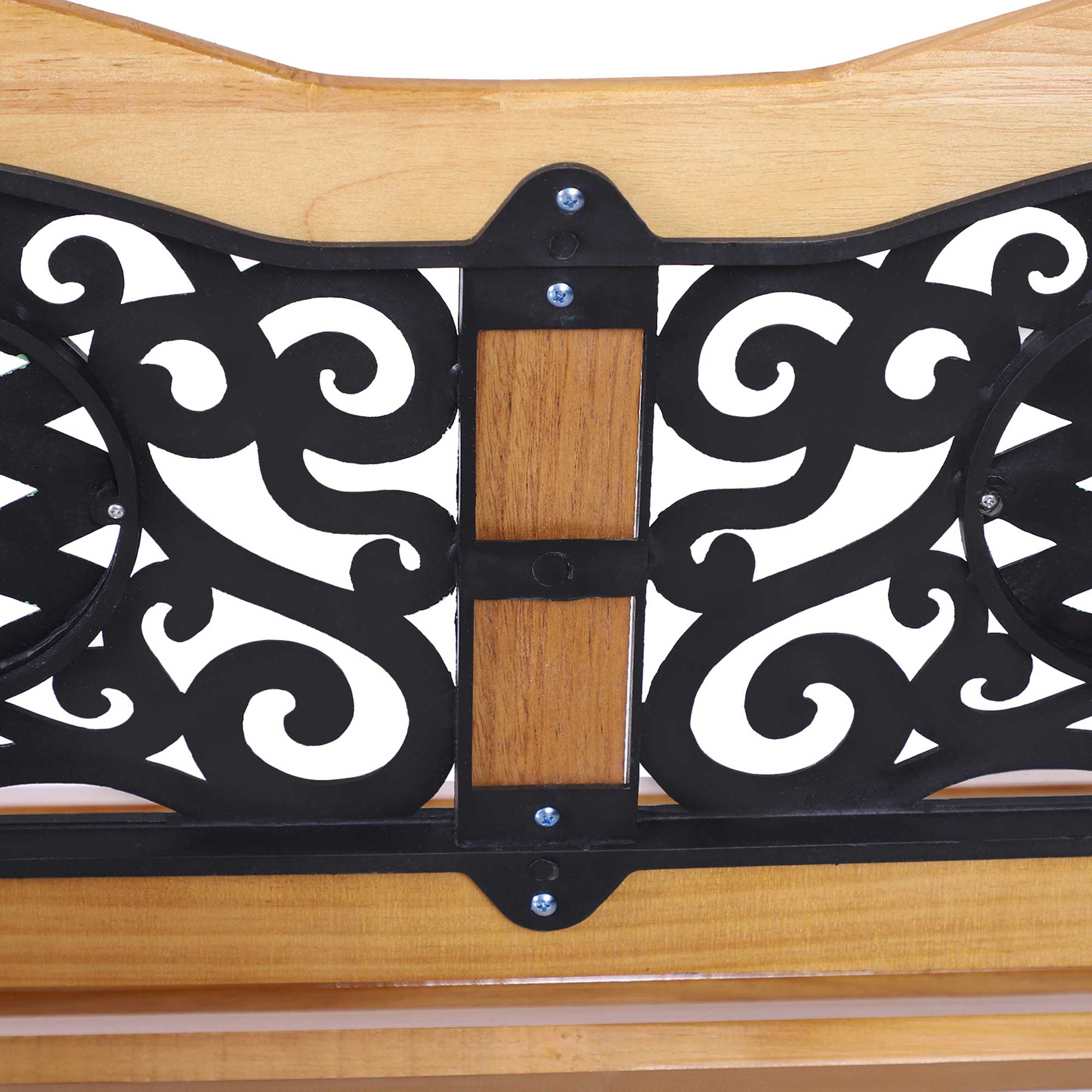 50" Outdoor Garden Bench, Park Patio Bench Loveseat, Wood & Metal Frame with Plastic Flourish Backrest, Natural Wood