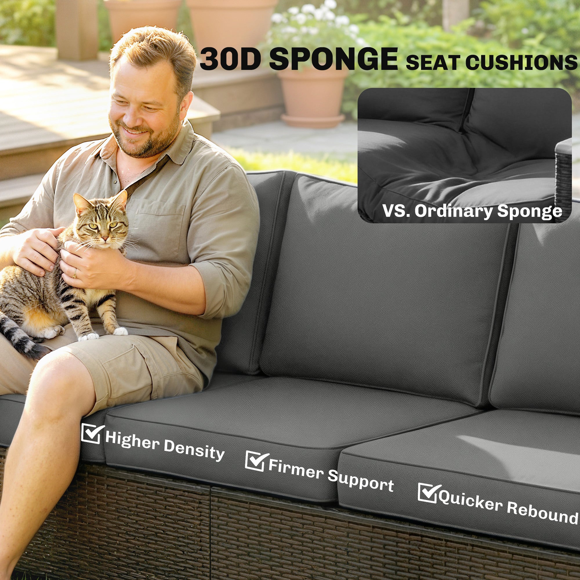 3 Seater Outdoor Couch Sofa, PE Wicker Patio Sofa, Wide Deep Seat, 4" Cushions, Wood-Effect Armrests Legs