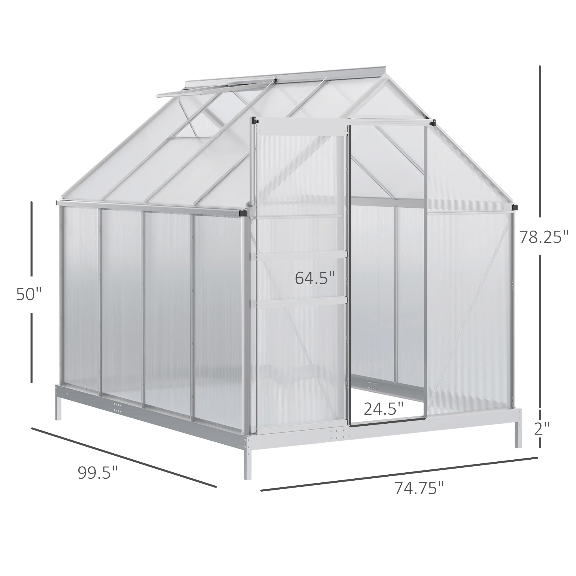 8' x 6' Aluminum Outdoor Greenhouse, Polycarbonate Walk-in Garden Greenhouse Kit with Adjustable Roof Vent, Rain Gutter and Sliding Door for Winter, Silver