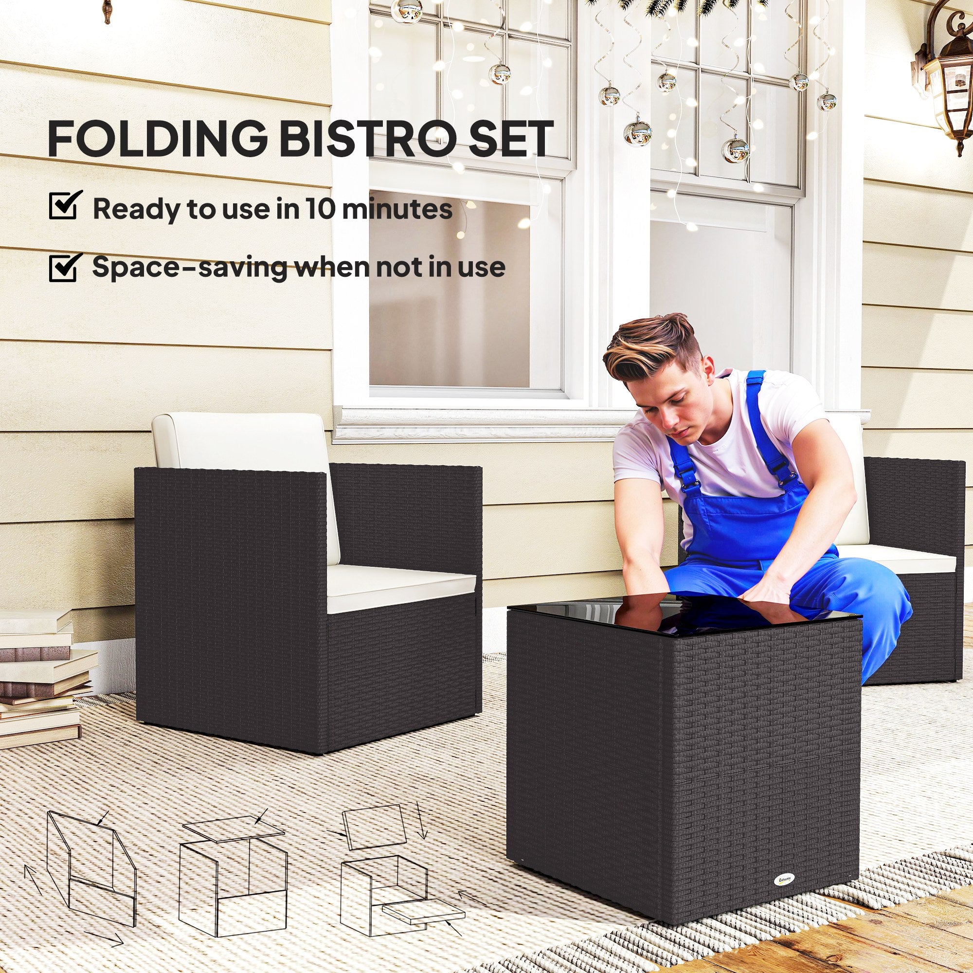 Folding Wicker Bistro Set, 3 Piece Patio Furniture Set with Cushions and Glass Coffee Table for Porch, Balcony