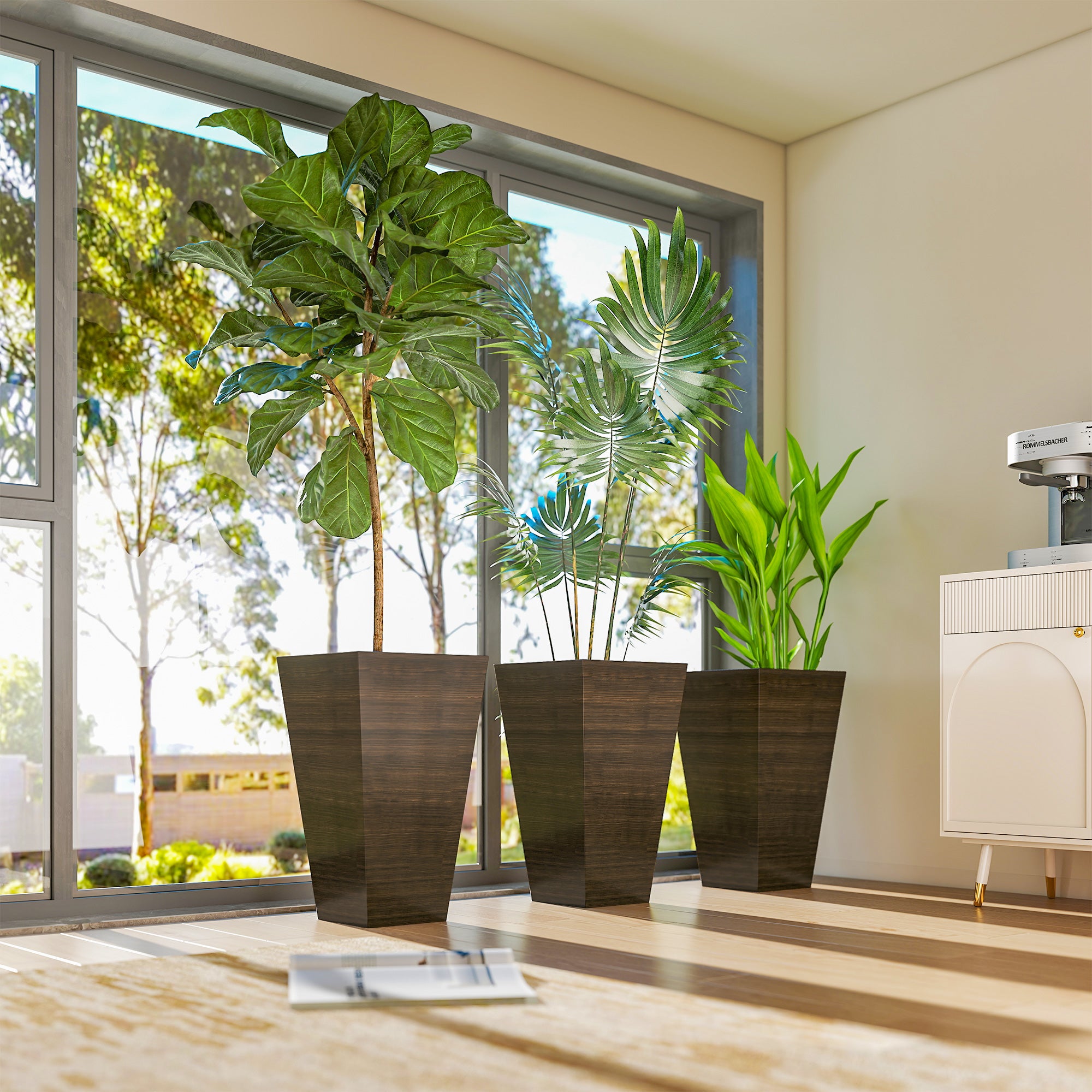 Set of 3 Tall Planters, 28" Outdoor Planter w/ Drainage Holes, Faux Wood Plastic Flower Pots, Brown