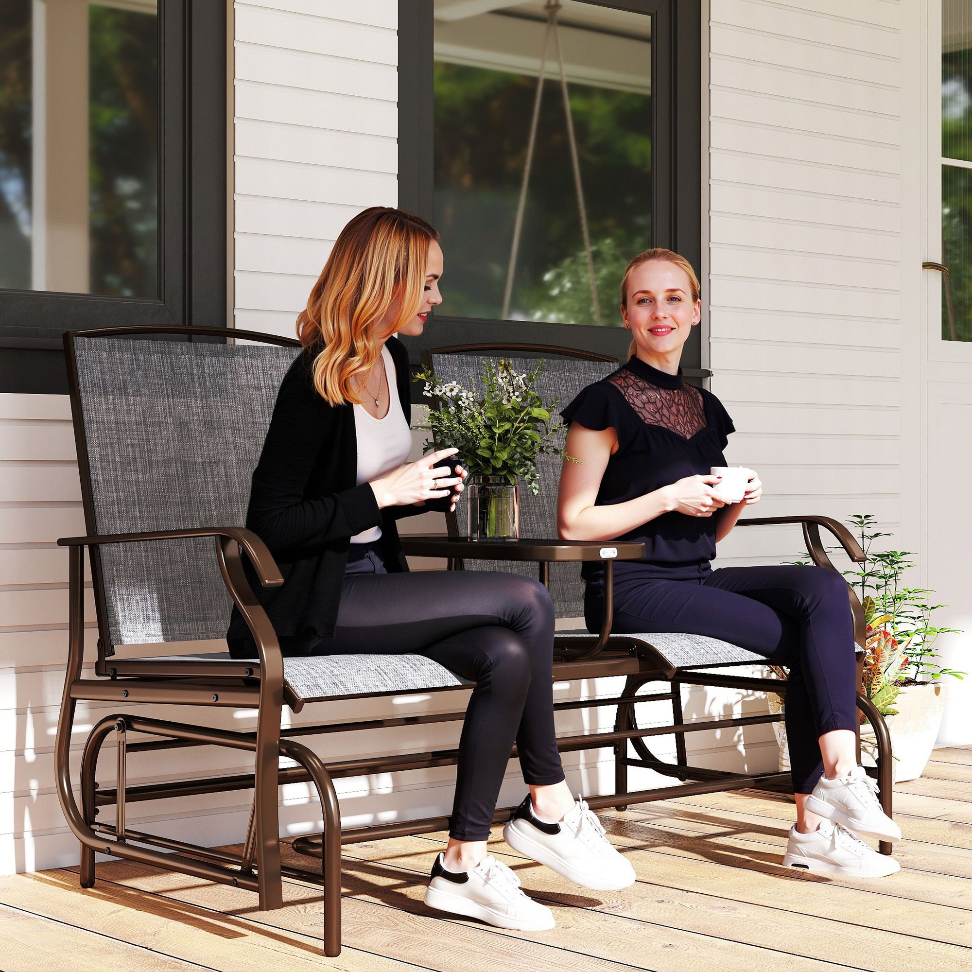 2-Seat Outdoor Glider Swing, Center Coffee Table and Independent Chairs, Supports Up to 352 lbs., Loveseat with Breathable Sling for Backyard, Garden, and Porch