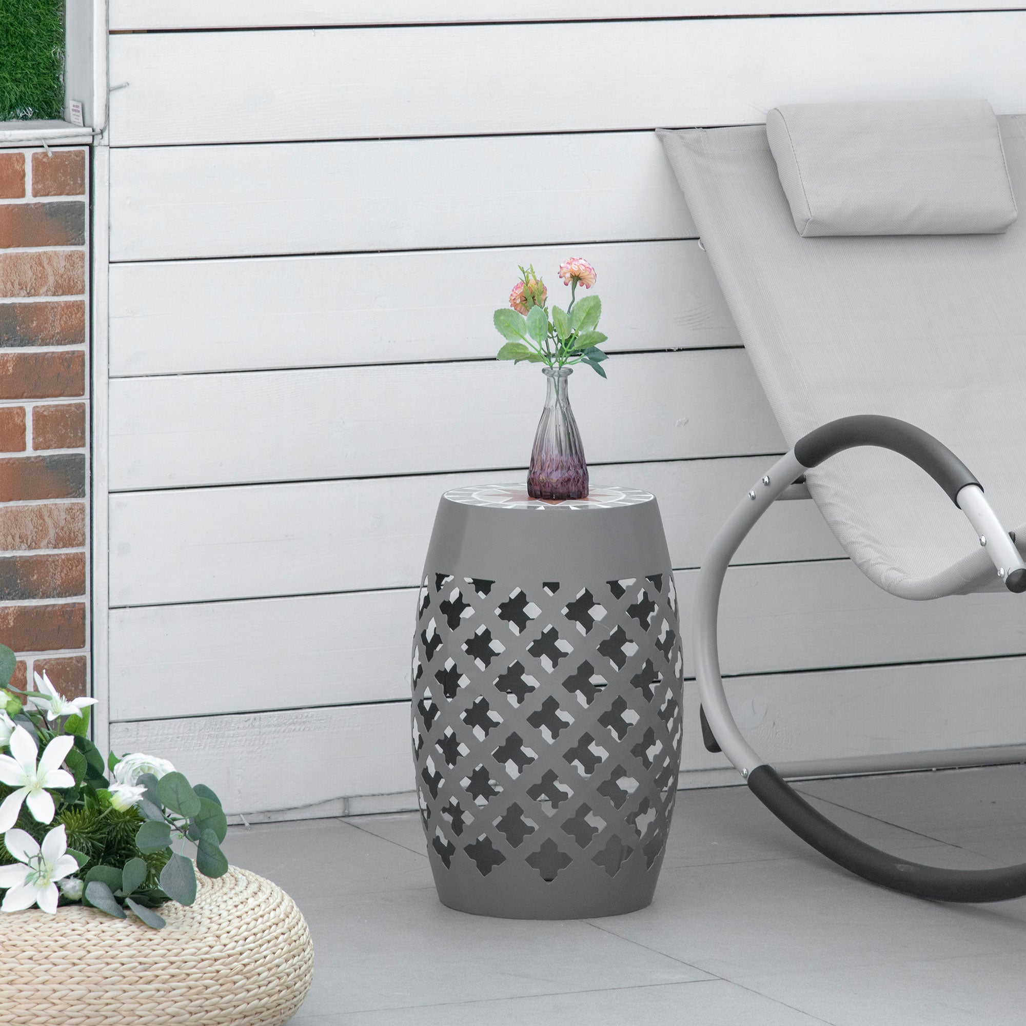 Decorative Outdoor Stool, 12" Round Patio Side Table, Mosaic Accent Plant Stand for Garden, Balcony
