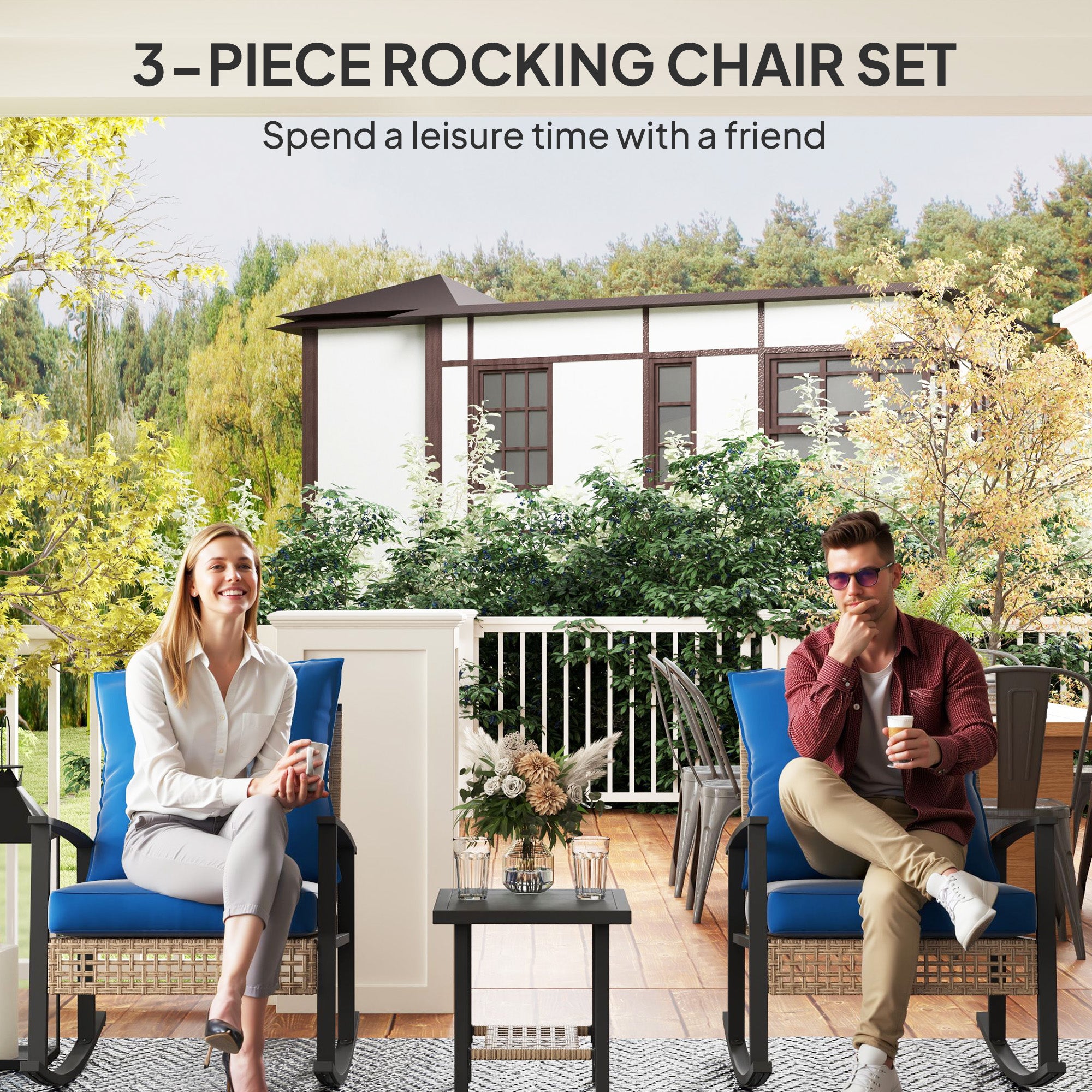 3 Pieces Bistro Set, Patio Wicker Furniture Set with Button Tufted Cushions, Rattan Rocking Chairs, Coffee Table