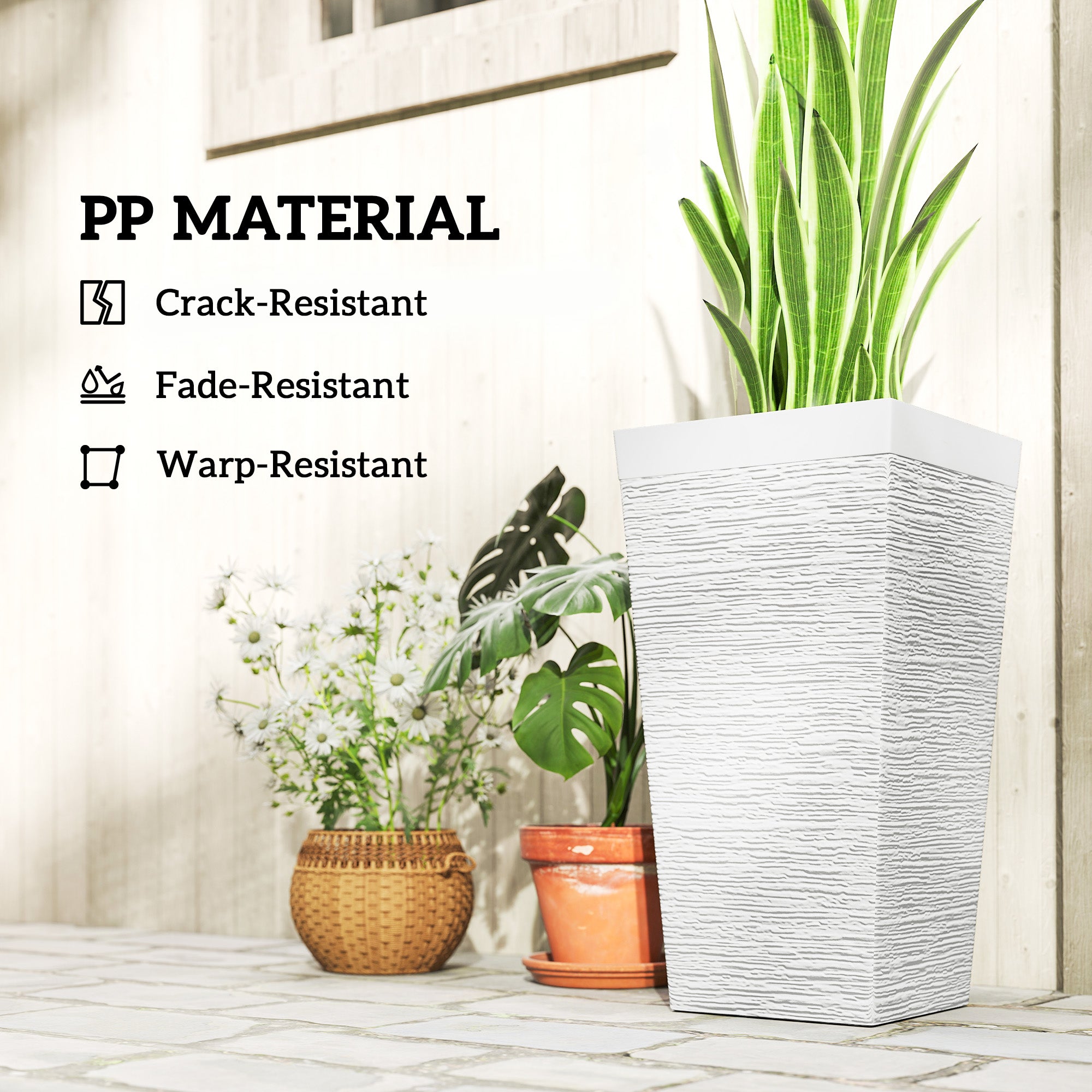 22.8 Inch Set of 3 Outdoor Planters with Stone Finish and Wheels, Stackable Tapered Planters with Drainage Hole