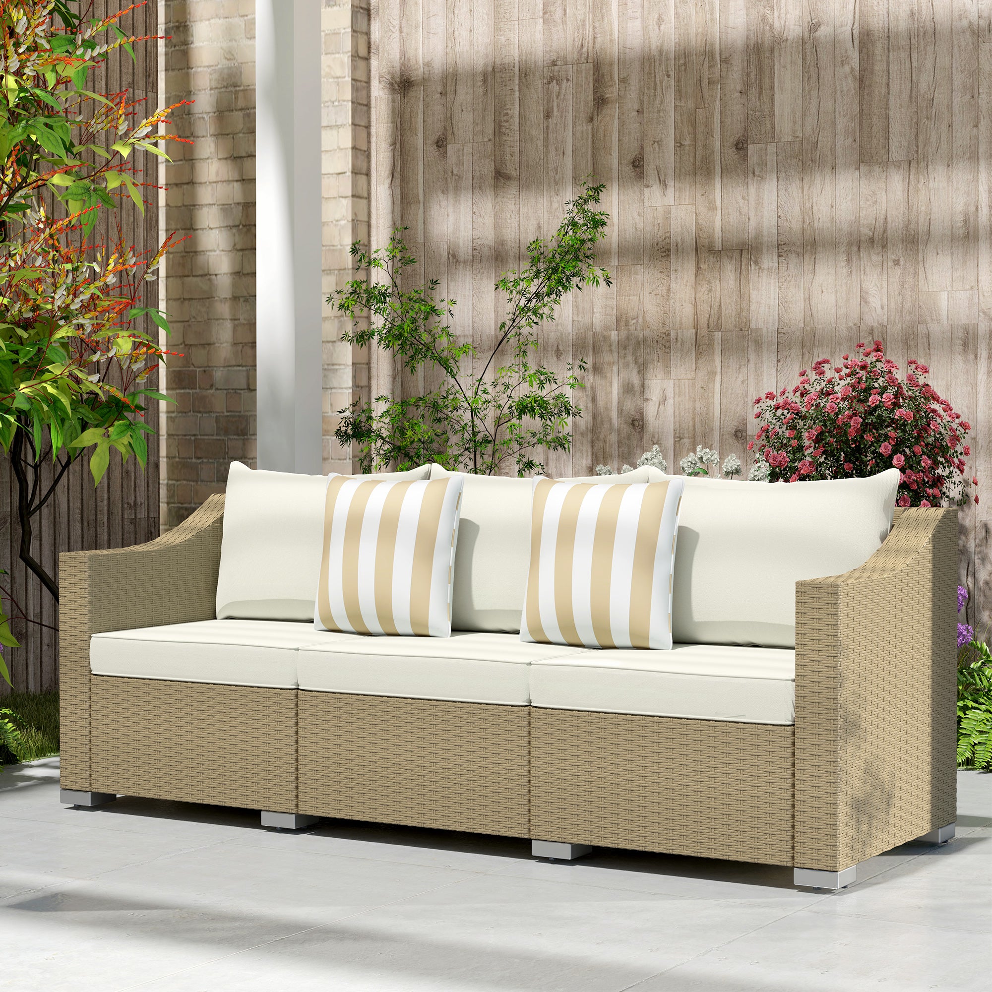 Rattan Wicker 3 Seater Patio Couch with Cushions, 2 Throw Pillows, Outdoor Furniture Rattan Sofa