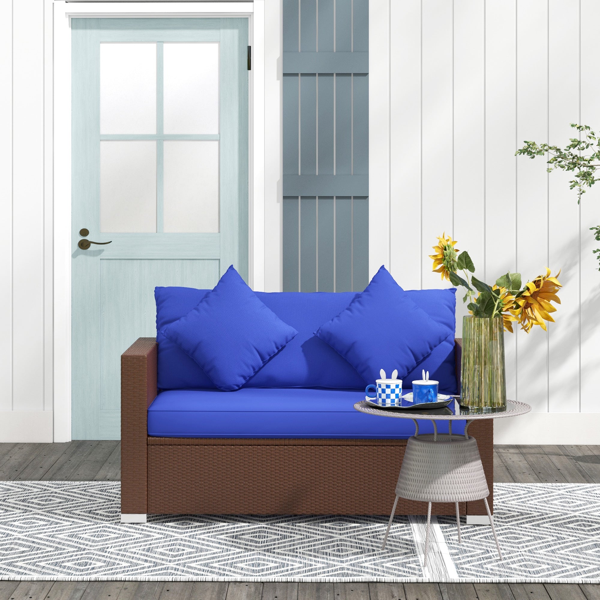 Outdoor Wicker Loveseat, Patio Furniture Couch with Cushions, 2 Seats PE Rattan Sofa, 2 Throw Pillows