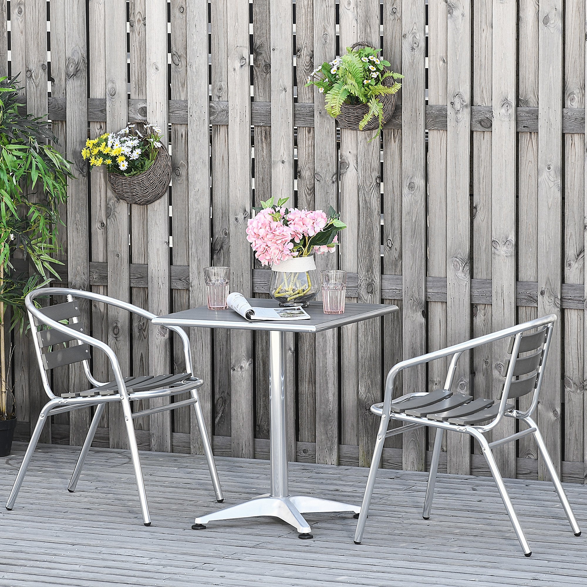 3-Piece Outdoor Patio Bistro Table Set with Aluminum Frame, Woodgrain-Style Tabletop & Draining Slat Design