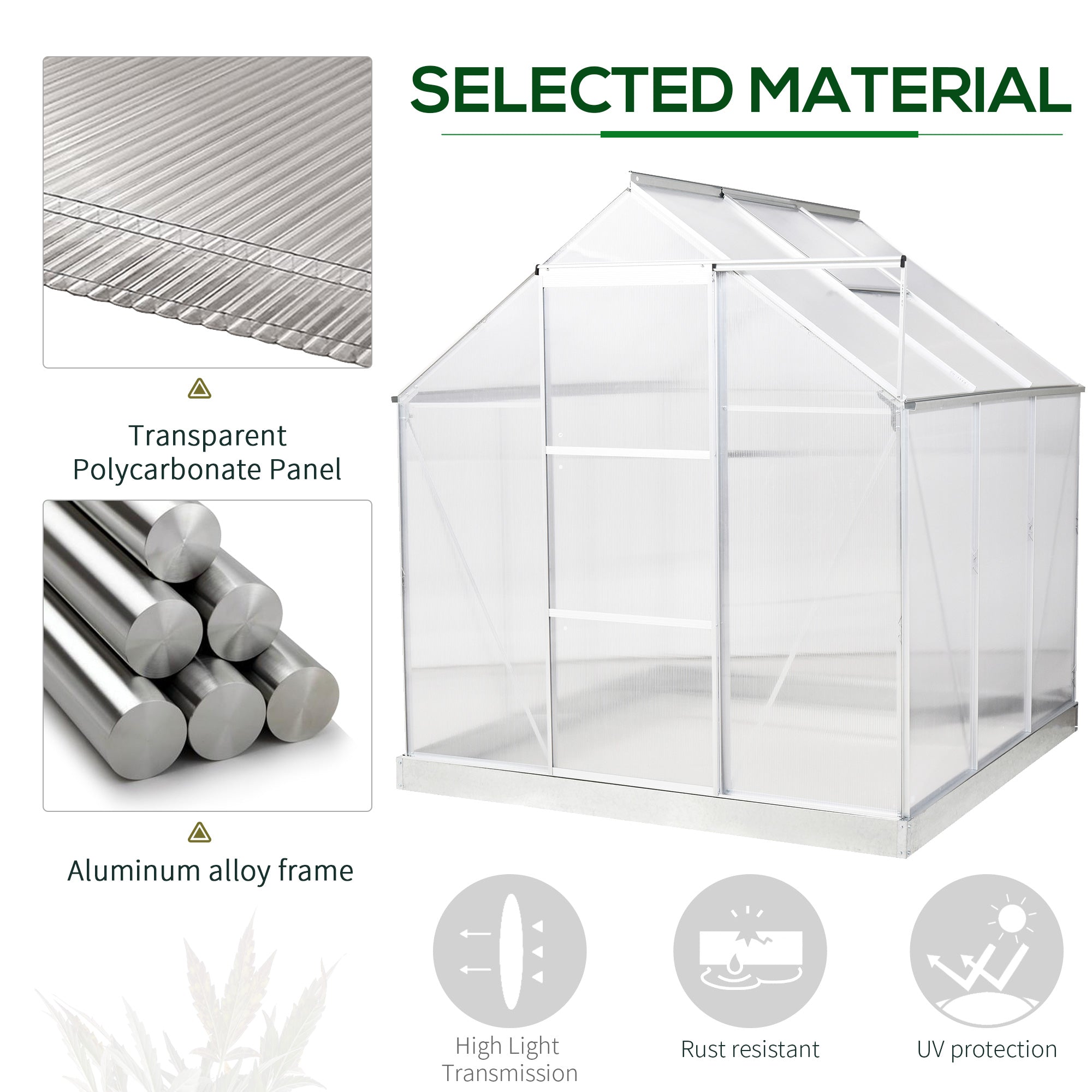 6' x 6' Hobby Greenhouse, Walk-in Polycarbonate Hot House Kit with Aluminum Frame, Sliding Door, Roof Vent, Silver