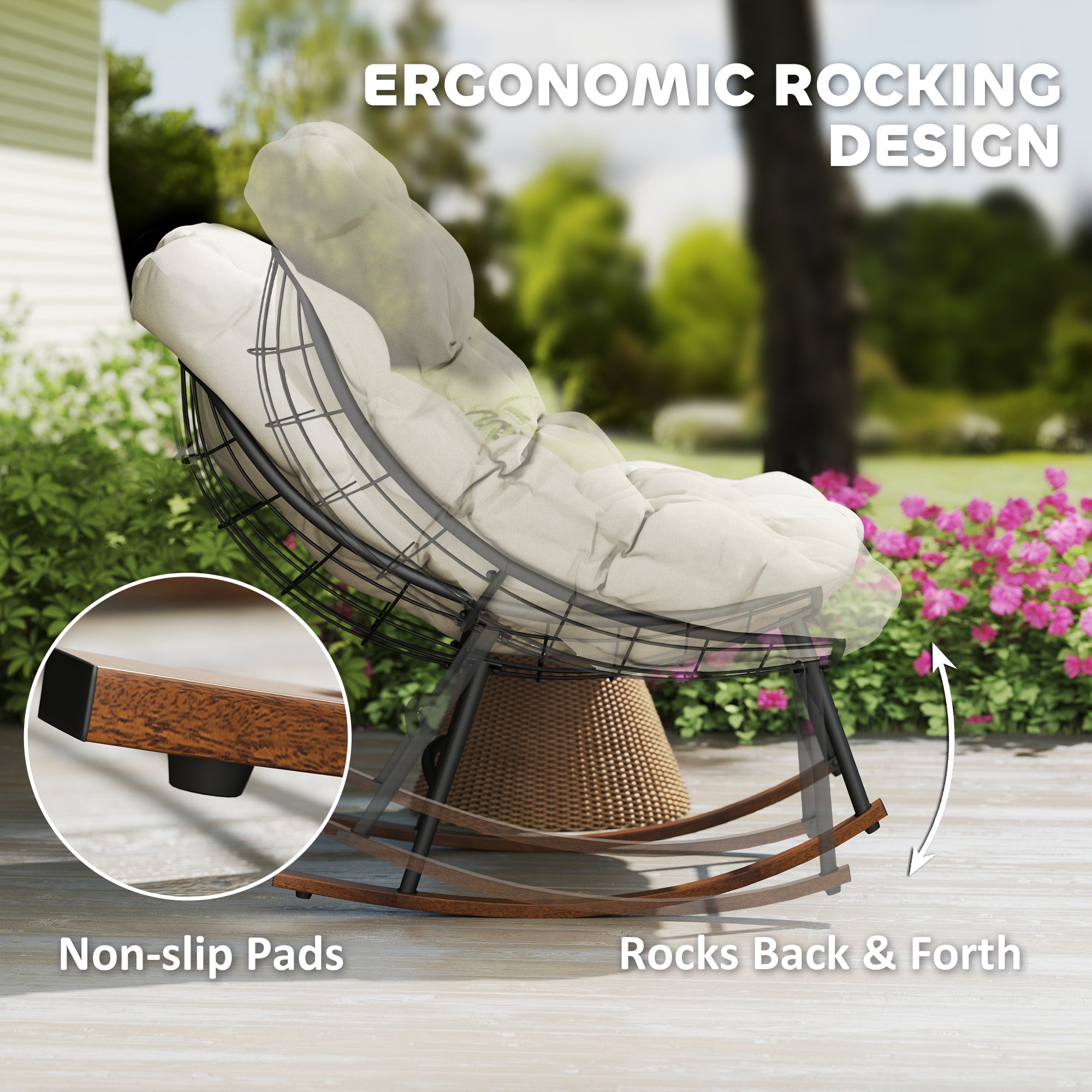 Outdoor Rocking Chair Patio Set of 2, Oversized Rocking Papasan Chairs with Cushions for Garden Porch, 265 lbs.