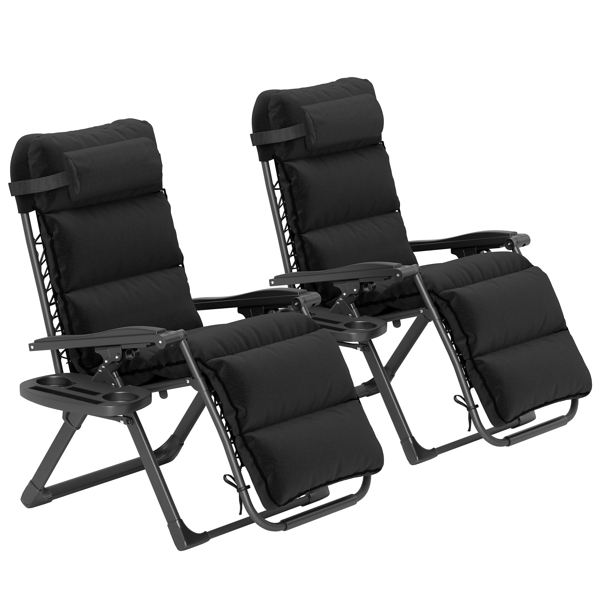 Zero Gravity Lounge Chair Set, 2 Pieces Reclining Folding Outdoor Lounge Chairs with Cushion, Headrest, Side Tray, Black