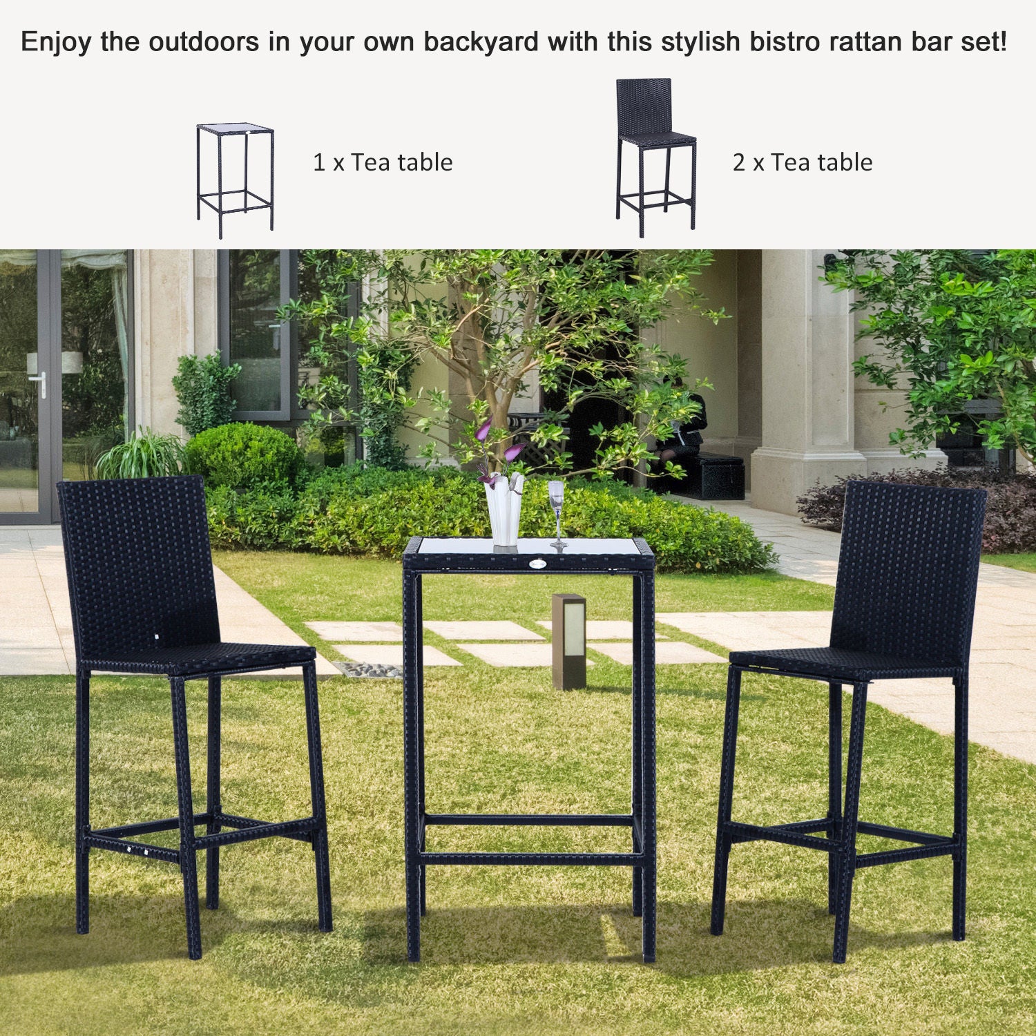 3 PCS Rattan Bar Set with Glass Top Table, 2 Bar Stools for Outdoor, Patio, Garden, Poolside, Backyard