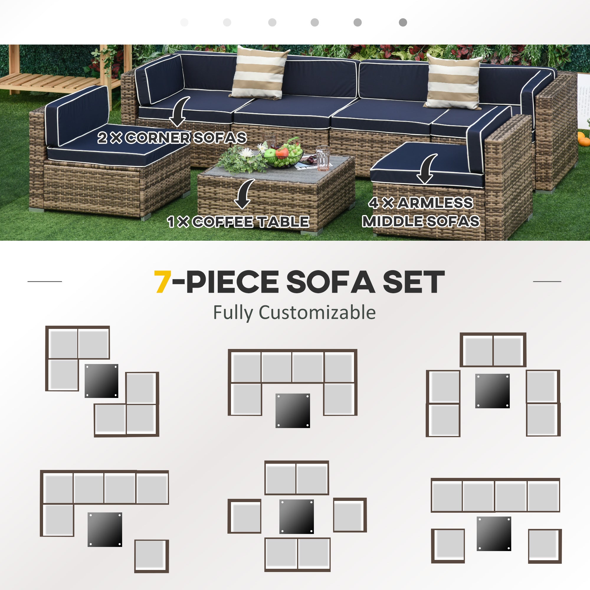 Modern Rattan Patio Furniture Set, 7-Piece Outdoor Wicker Sofa Set with Cushions for Home & Family Gatherings