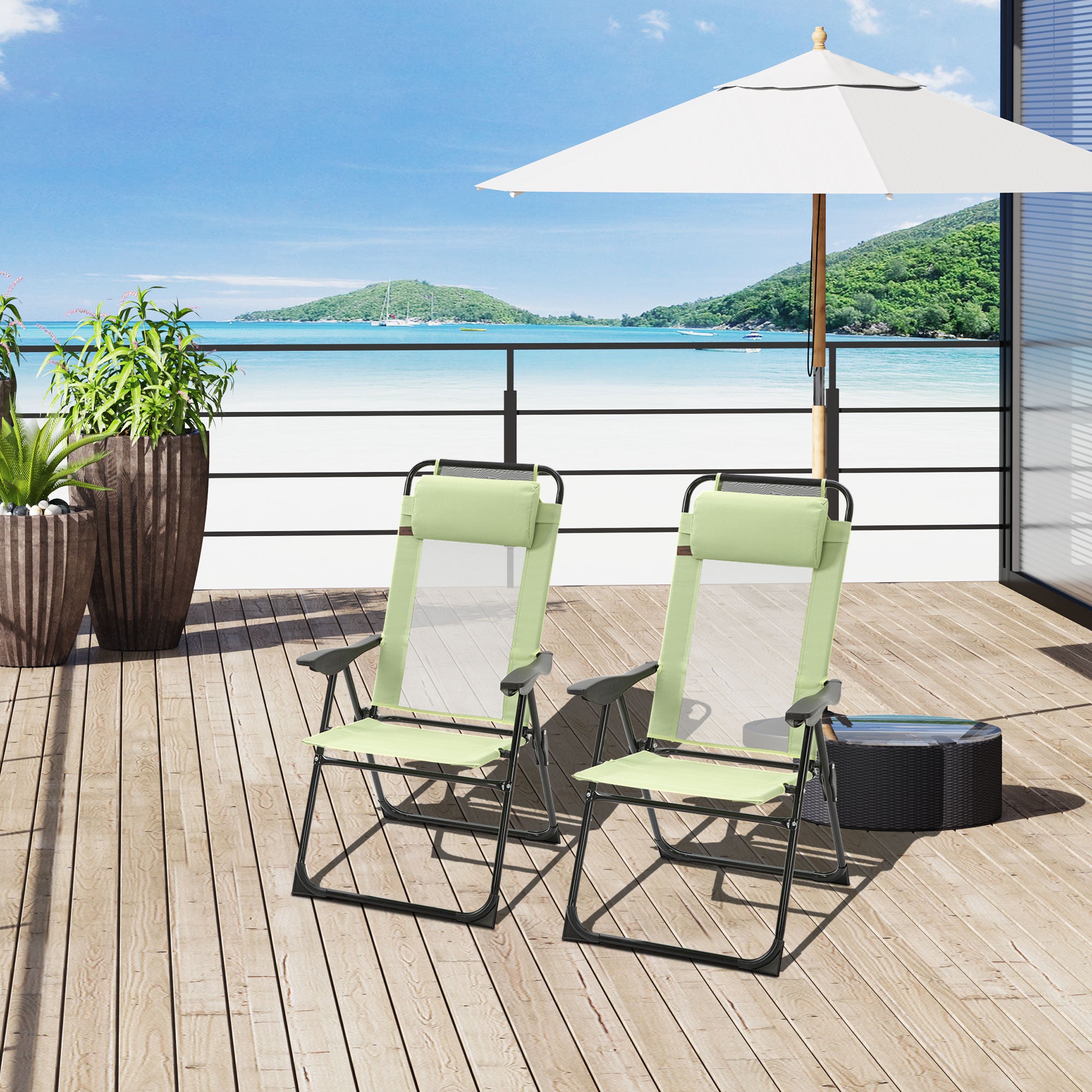 Folding Patio Dining Chairs Set of 2, Outdoor Deck Chair with Removable Headrest, Camping Chair with Adjustable Sling Back for Garden, Backyard, Lawn